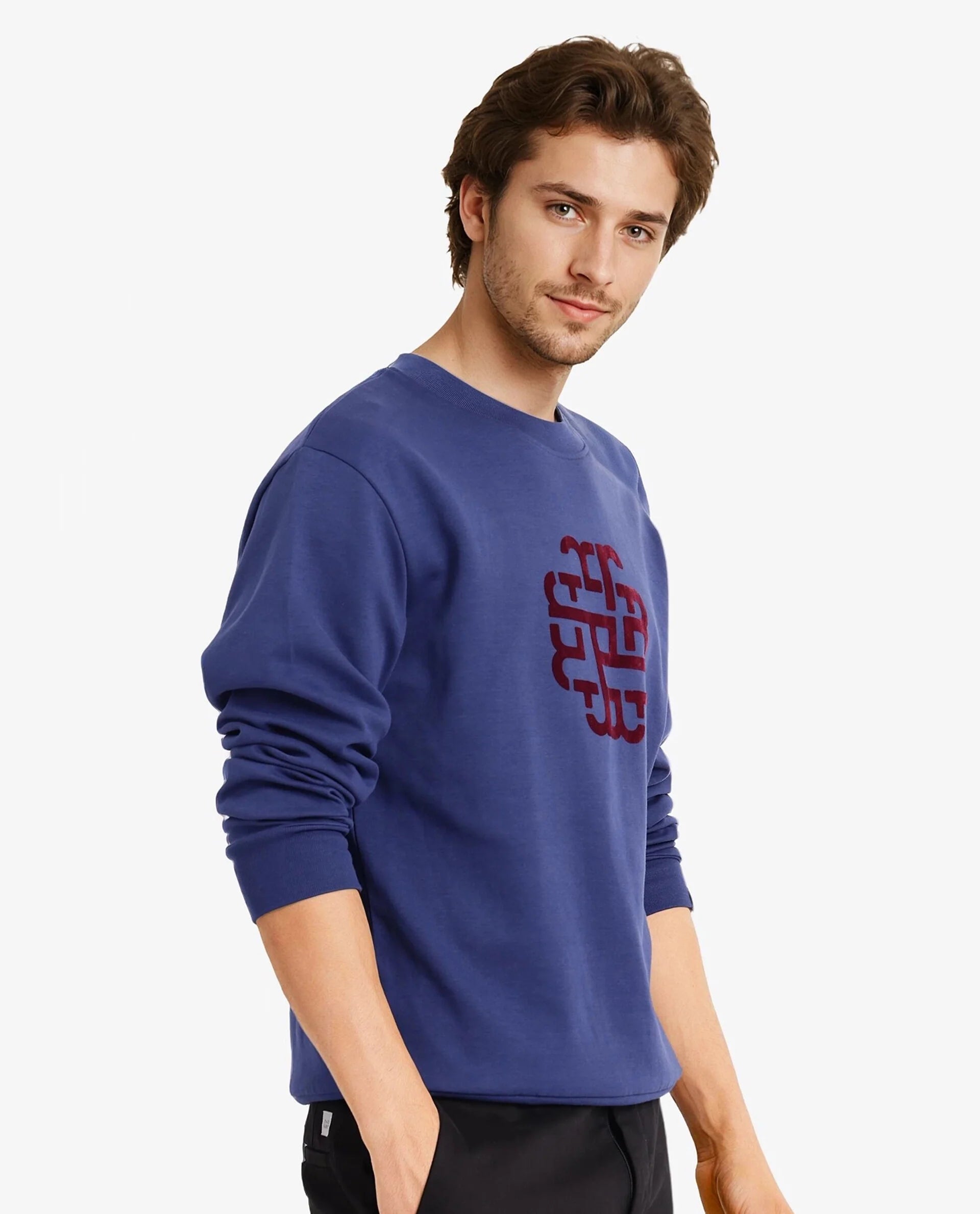 Rare Rabbit Men Toxon Navy Cotton Polyester Fabric Full Sleeve Crew Neck Regular Fit Flock Graphic Print Sweatshirt