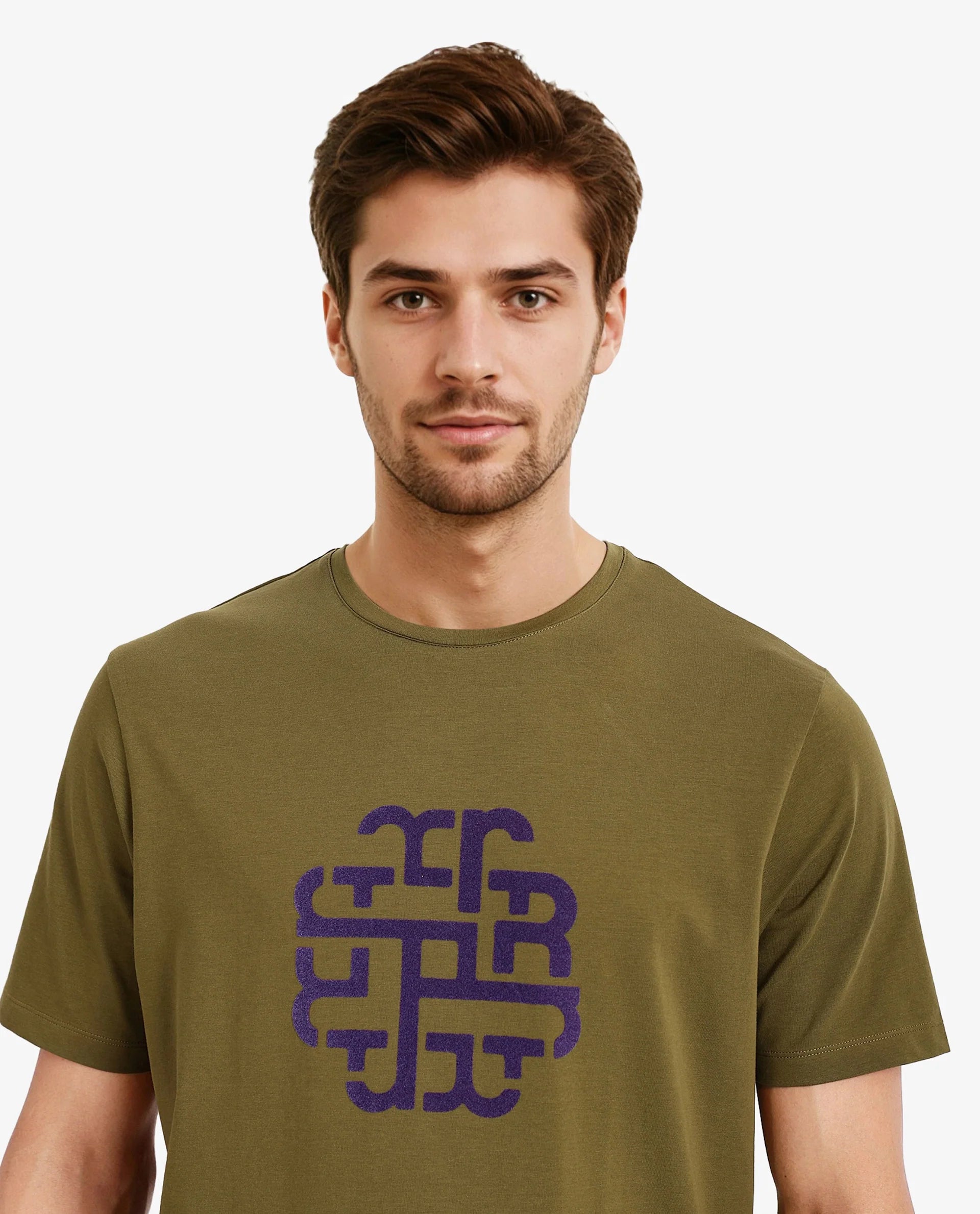 Rare Rabbit Men Toxy Olive Cotton Lycra Fabric Short Sleeve Crew Neck Regular Fit Graphic Flock Print T-Shirt