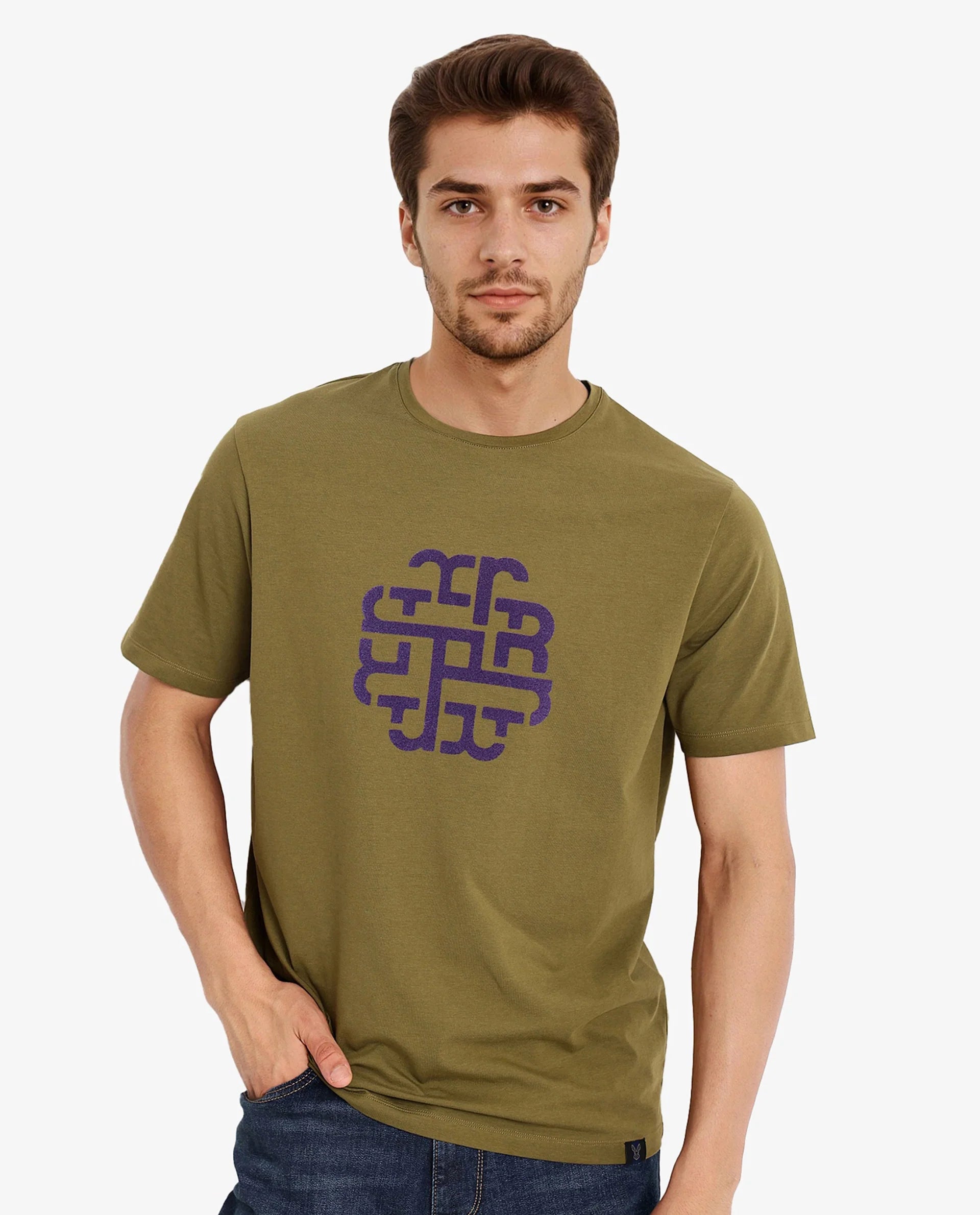 Rare Rabbit Men Toxy Olive Cotton Lycra Fabric Short Sleeve Crew Neck Regular Fit Graphic Flock Print T-Shirt