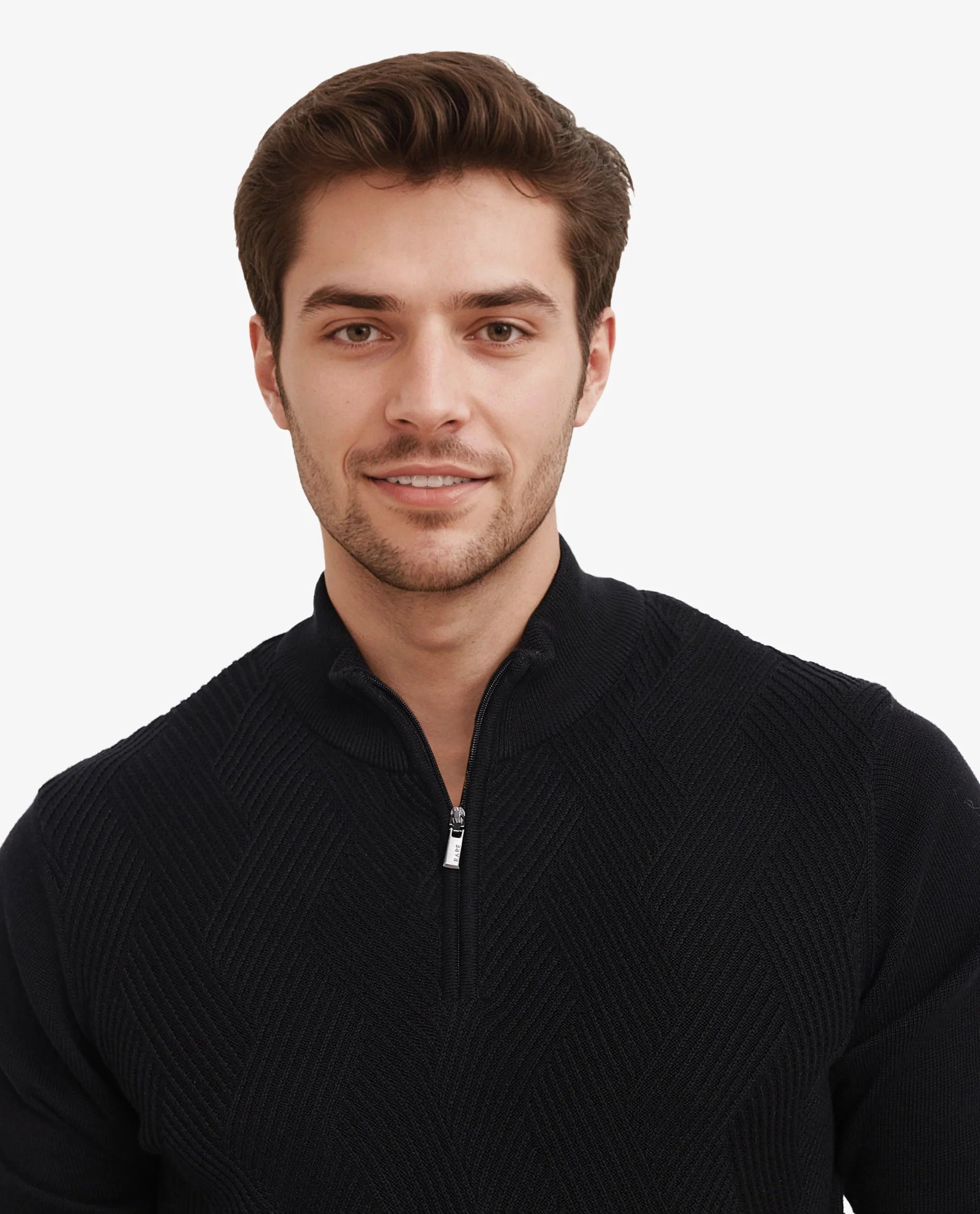 Rare Rabbit Men's Toyder Black Cotton Fabric Full Sleeve High Neck Zipper Closure Jacquard Sweater