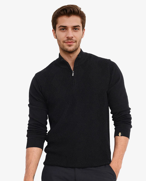Rare Rabbit Men's Toyder Black Cotton Textured Regular Fit Full Sleeve High  Neck Sweater