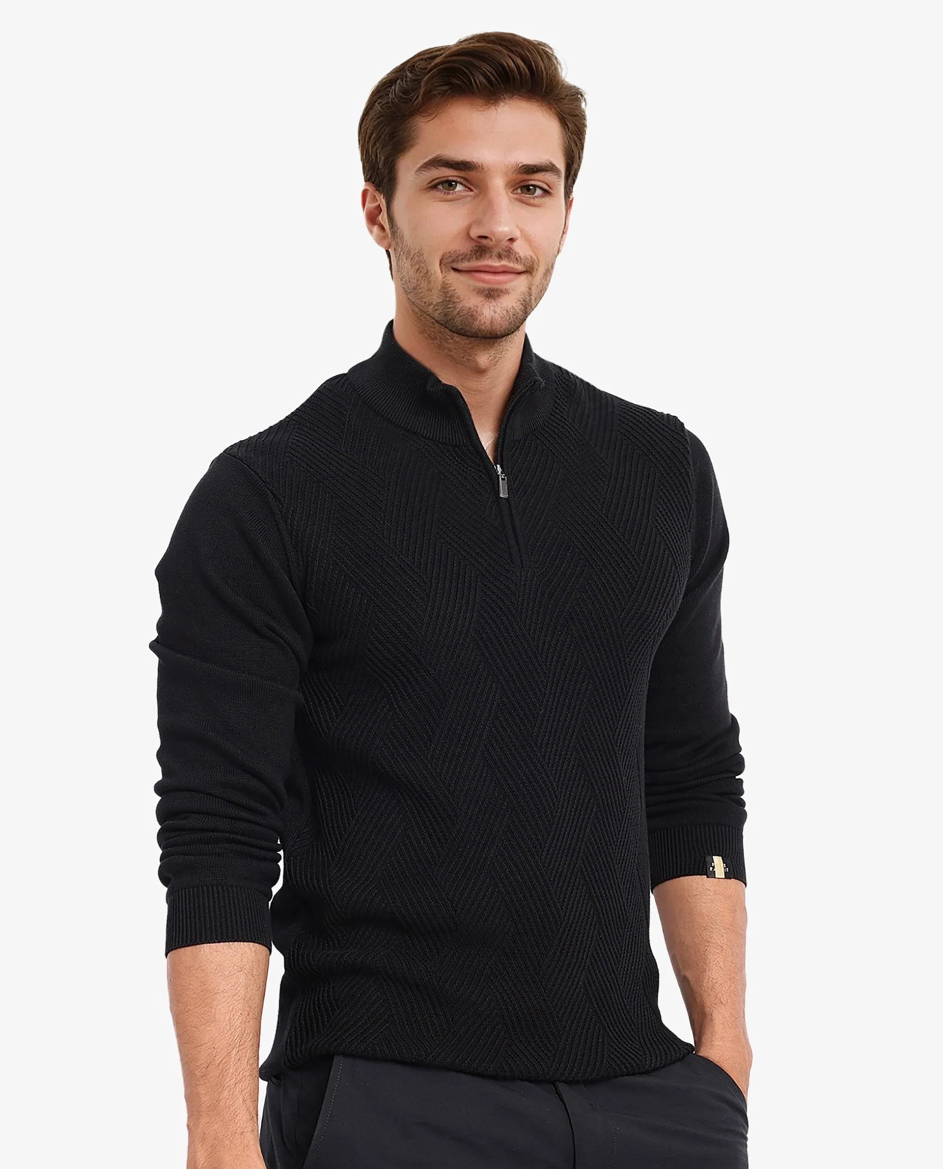 Rare Rabbit Men's Toyder Black Cotton Fabric Full Sleeve High Neck Zipper Closure Jacquard Sweater