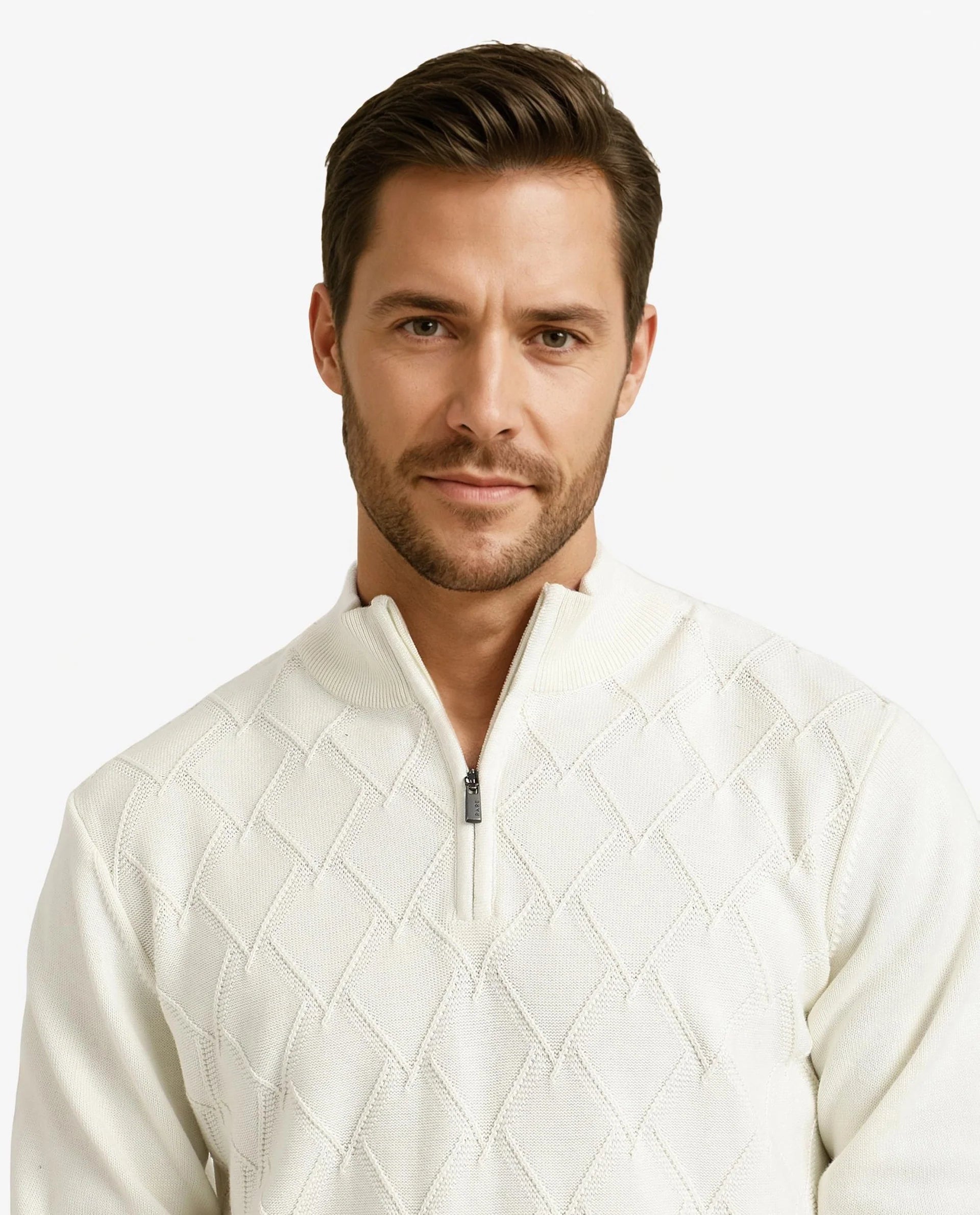 Rare Rabbit Men's Toyder Off White Cotton Fabric Full Sleeve High Neck Zipper Closure Plain Sweater