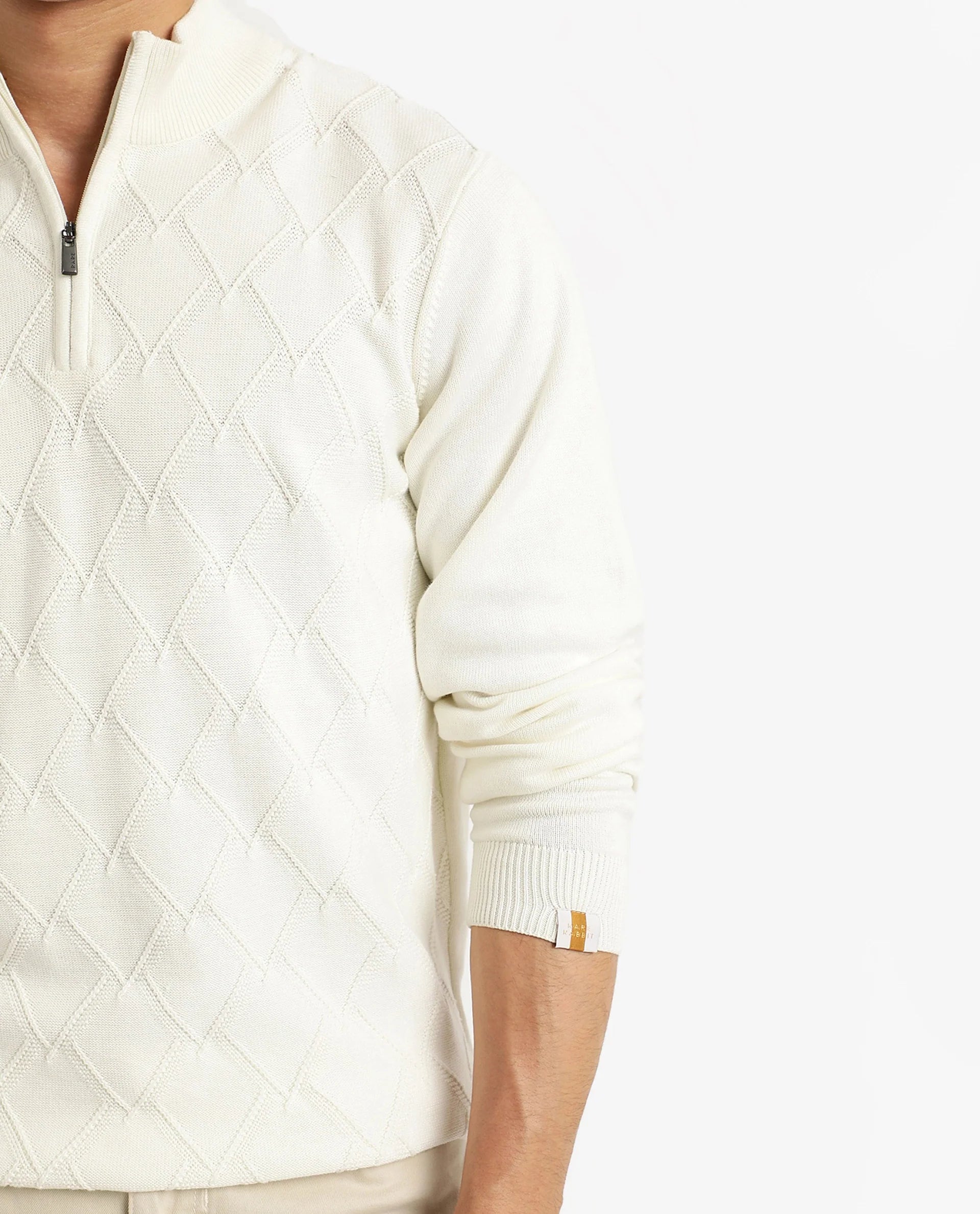 Rare Rabbit Men's Toyder Off White Cotton Fabric Full Sleeve High Neck Zipper Closure Plain Sweater