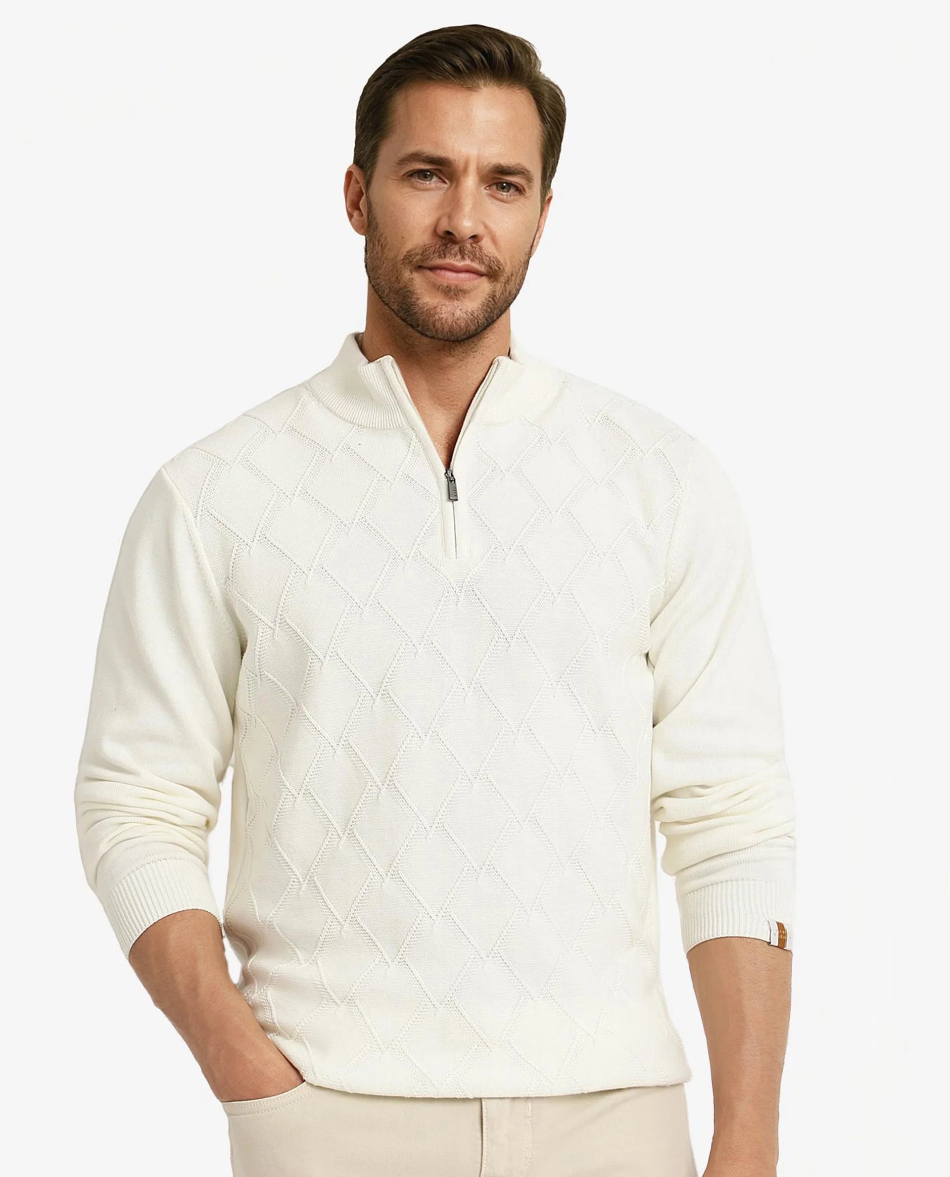 Rare Rabbit Men's Toyder Off White Cotton Fabric Full Sleeve High Neck Zipper Closure Plain Sweater