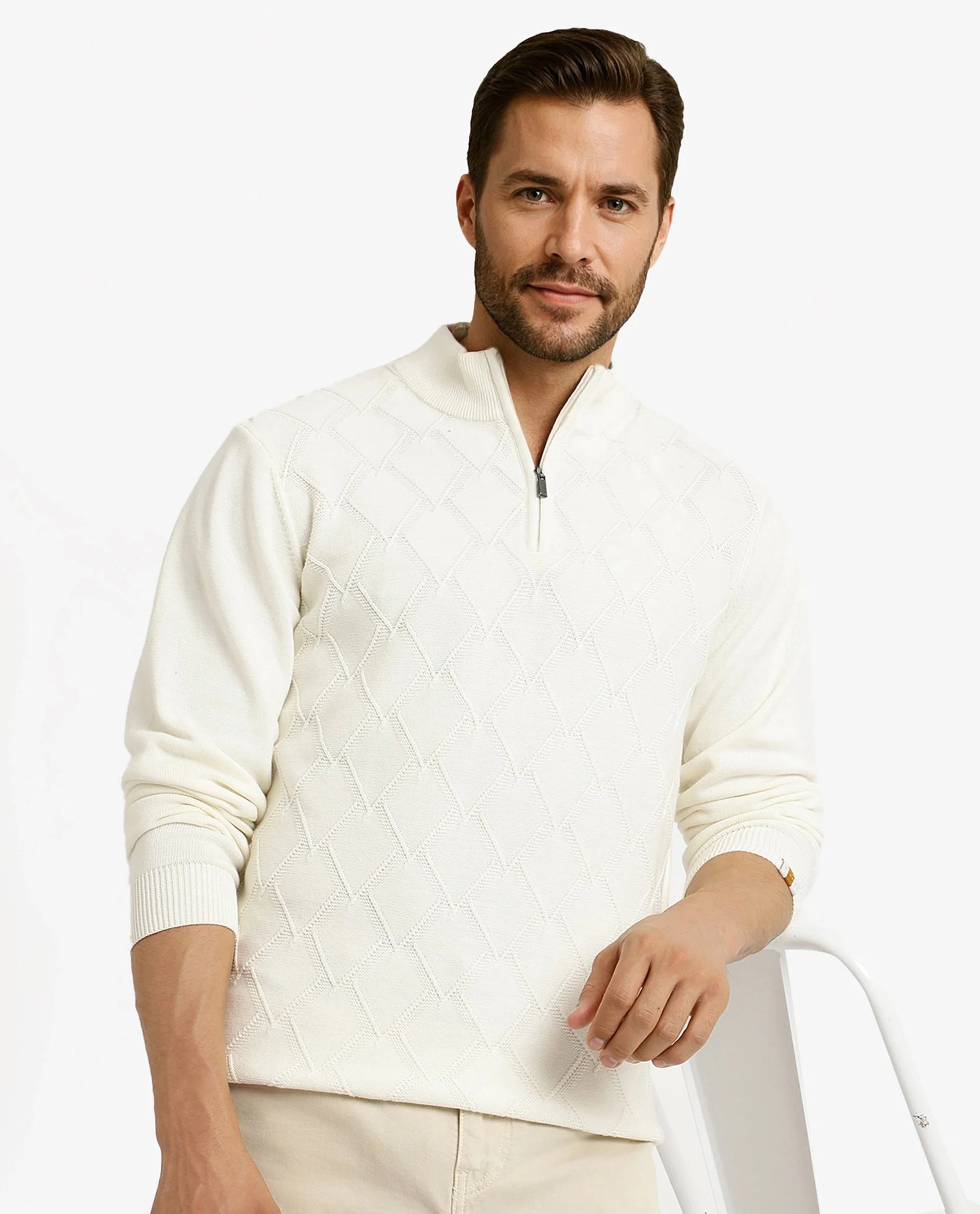 Rare Rabbit Men's Toyder Off White Cotton Fabric Full Sleeve High Neck Zipper Closure Plain Sweater