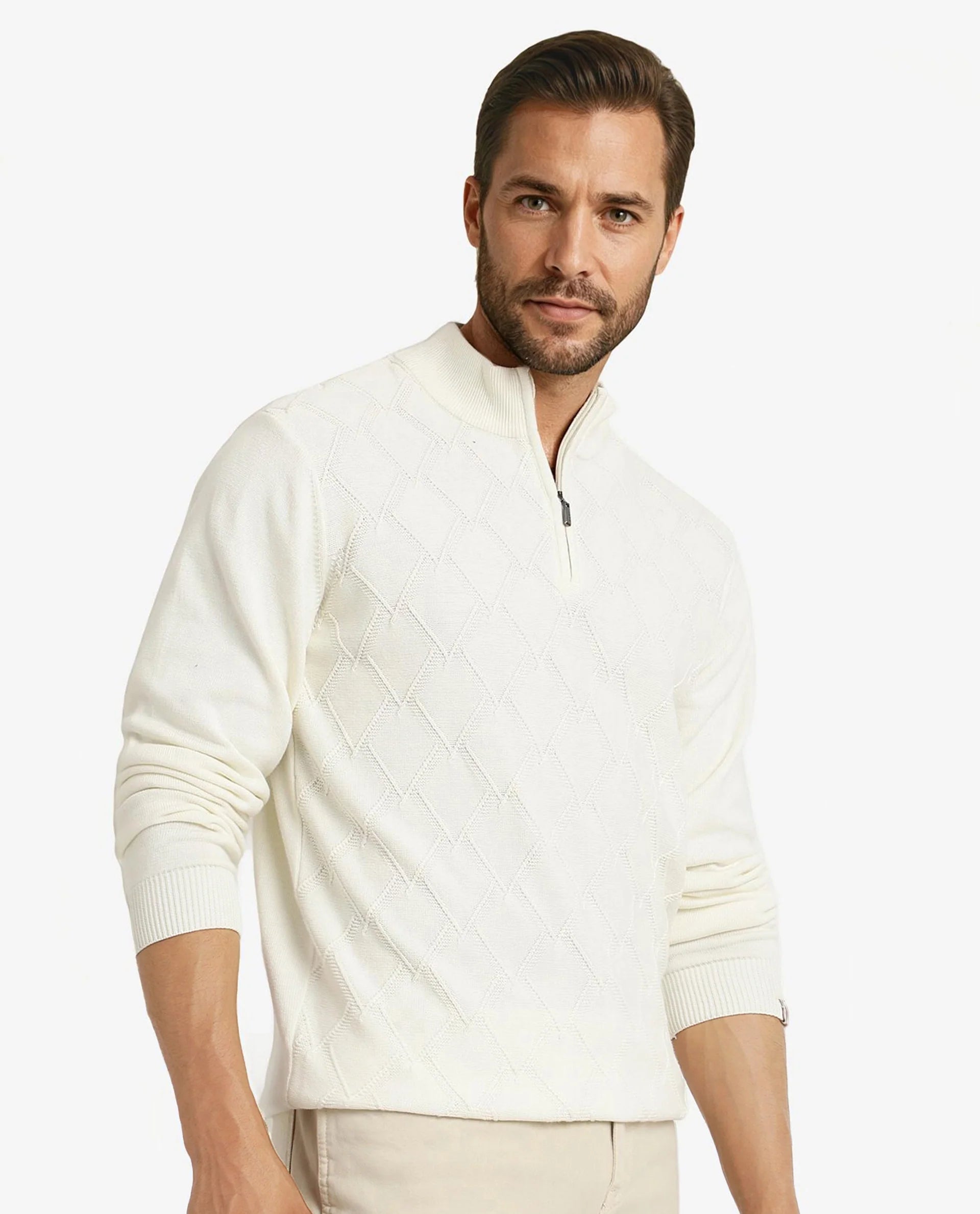 Rare Rabbit Men's Toyder Off White Cotton Fabric Full Sleeve High Neck Zipper Closure Plain Sweater