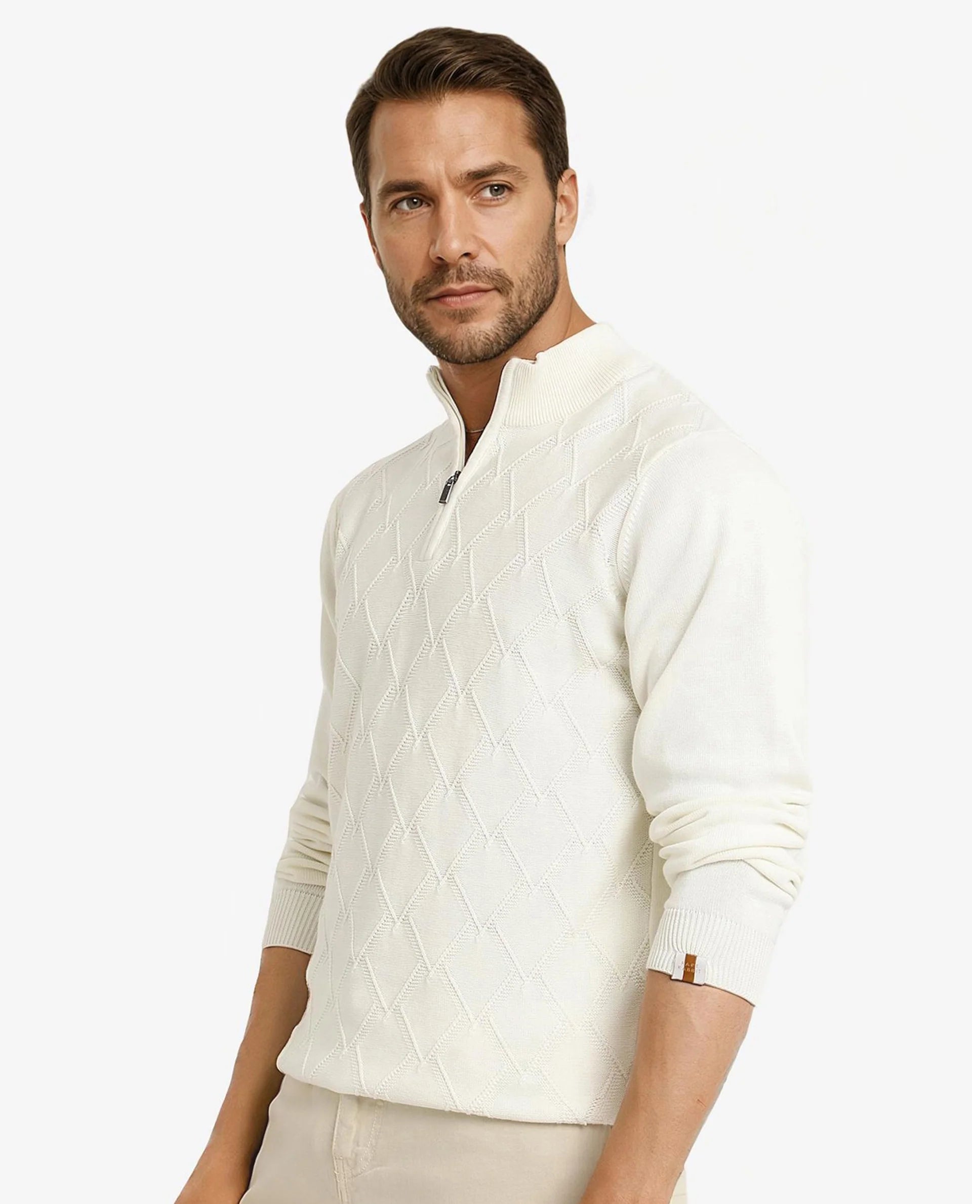 Rare Rabbit Men's Toyder Off White Cotton Fabric Full Sleeve High Neck Zipper Closure Plain Sweater