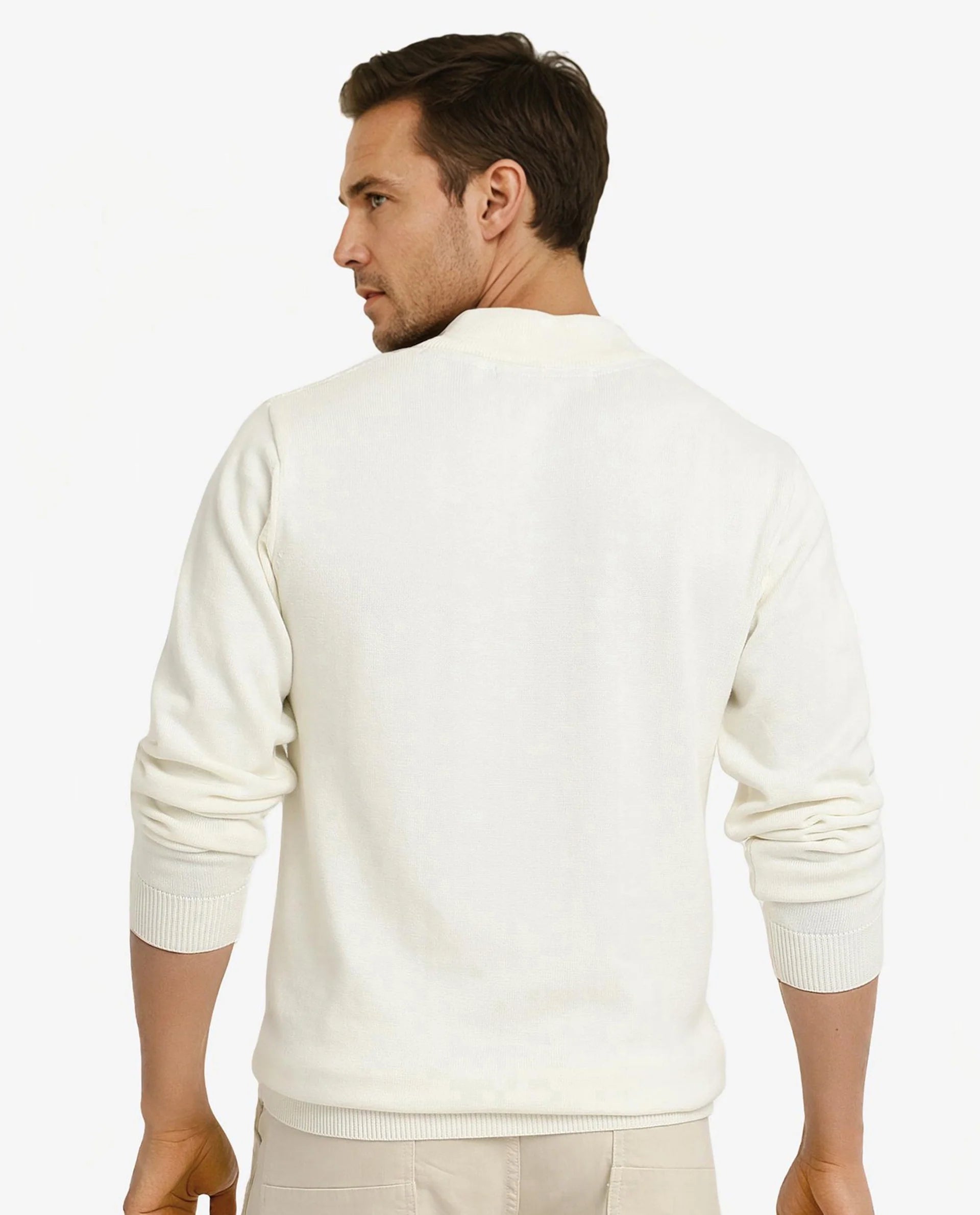 Rare Rabbit Men's Toyder Off White Cotton Fabric Full Sleeve High Neck Zipper Closure Plain Sweater