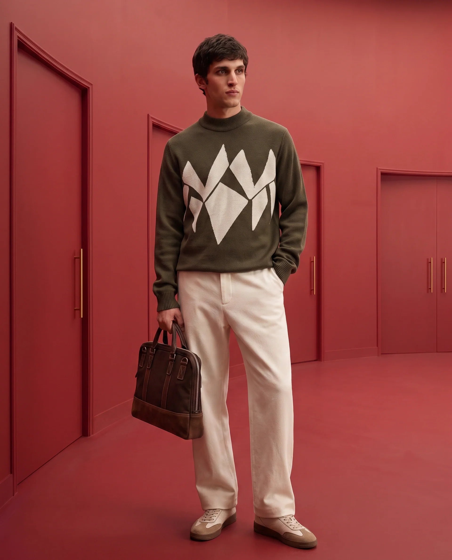 Rare Rabbit Men's Tran-A26 Dark Olive Acrylic Blend Regular Fit Geometric Print Sweater