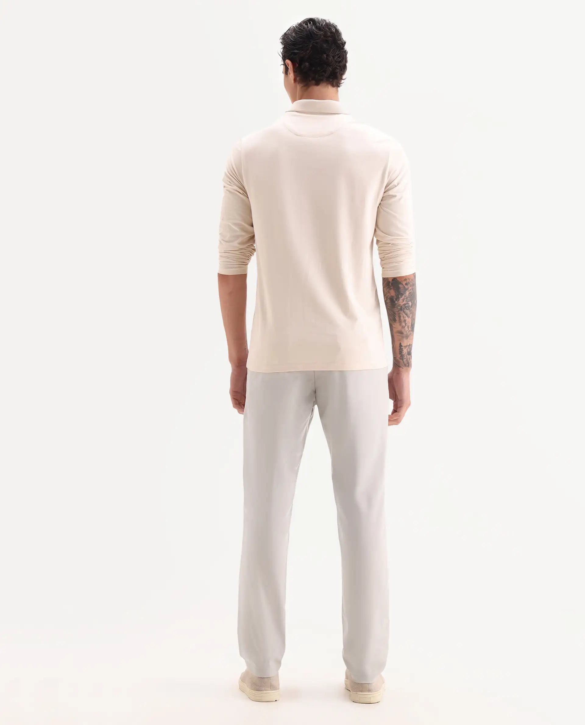 Rare Rabbit Men's Travel-11 Light Beige Polyester Blend Plain Regular Fit Trouser