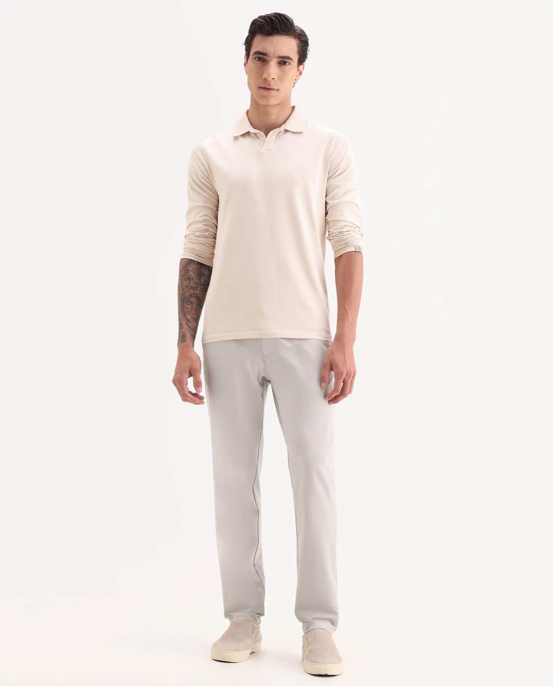 Rare Rabbit Men's Travel-11 Light Beige Polyester Blend Plain Regular Fit Trouser