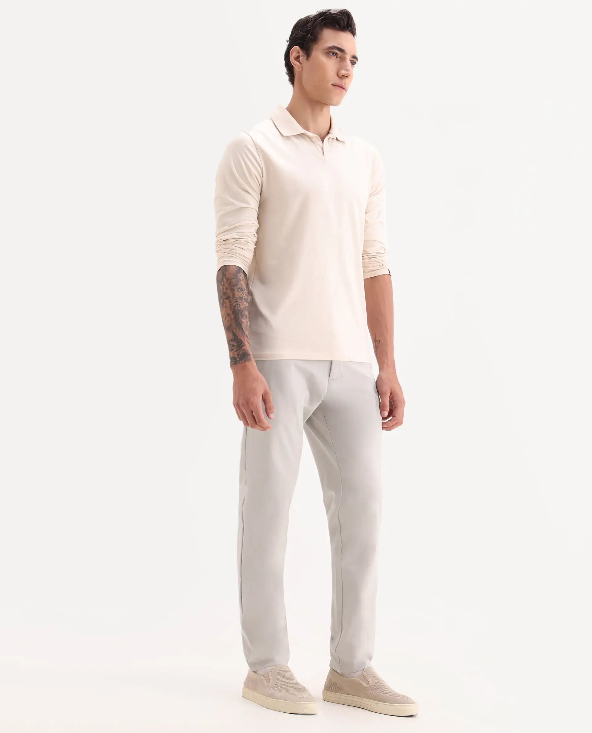 Rare Rabbit Men's Travel-11 Light Beige Polyester Blend Plain Regular Fit Trouser