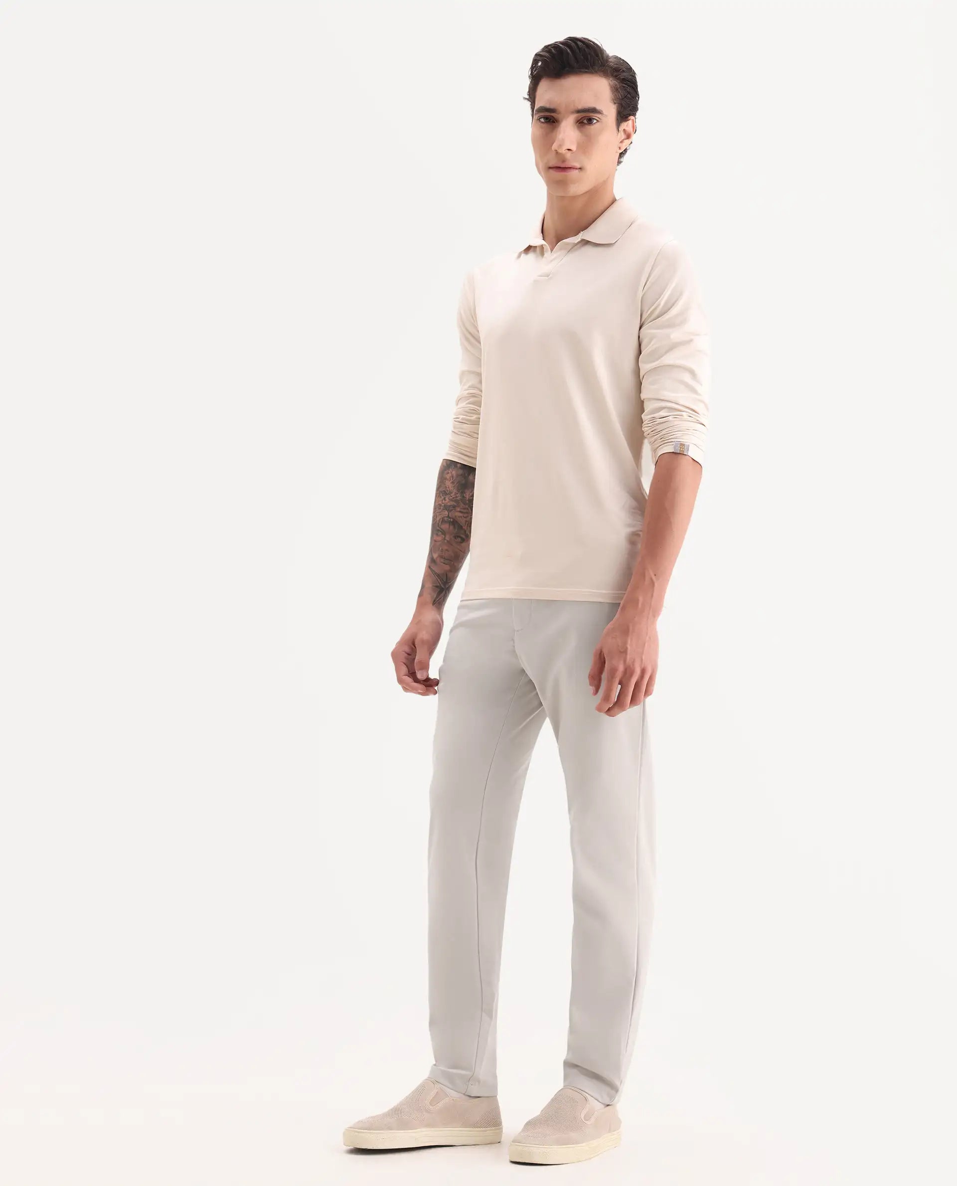 Rare Rabbit Men's Travel-11 Light Beige Polyester Blend Plain Regular Fit Trouser