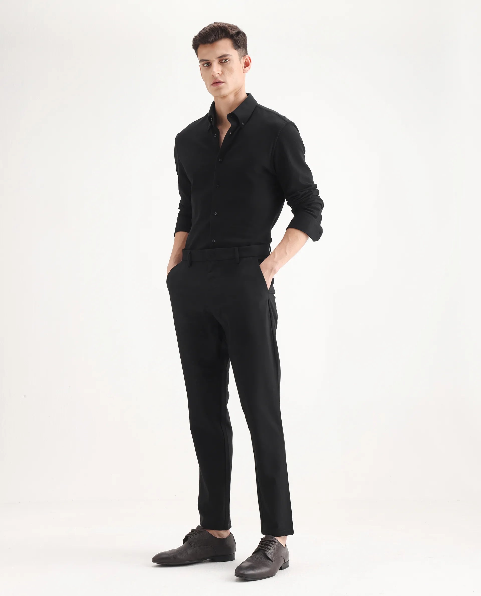 Rare Rabbit Men's Travel-25 Black Polyester Blend Plain Regular Fit Trouser