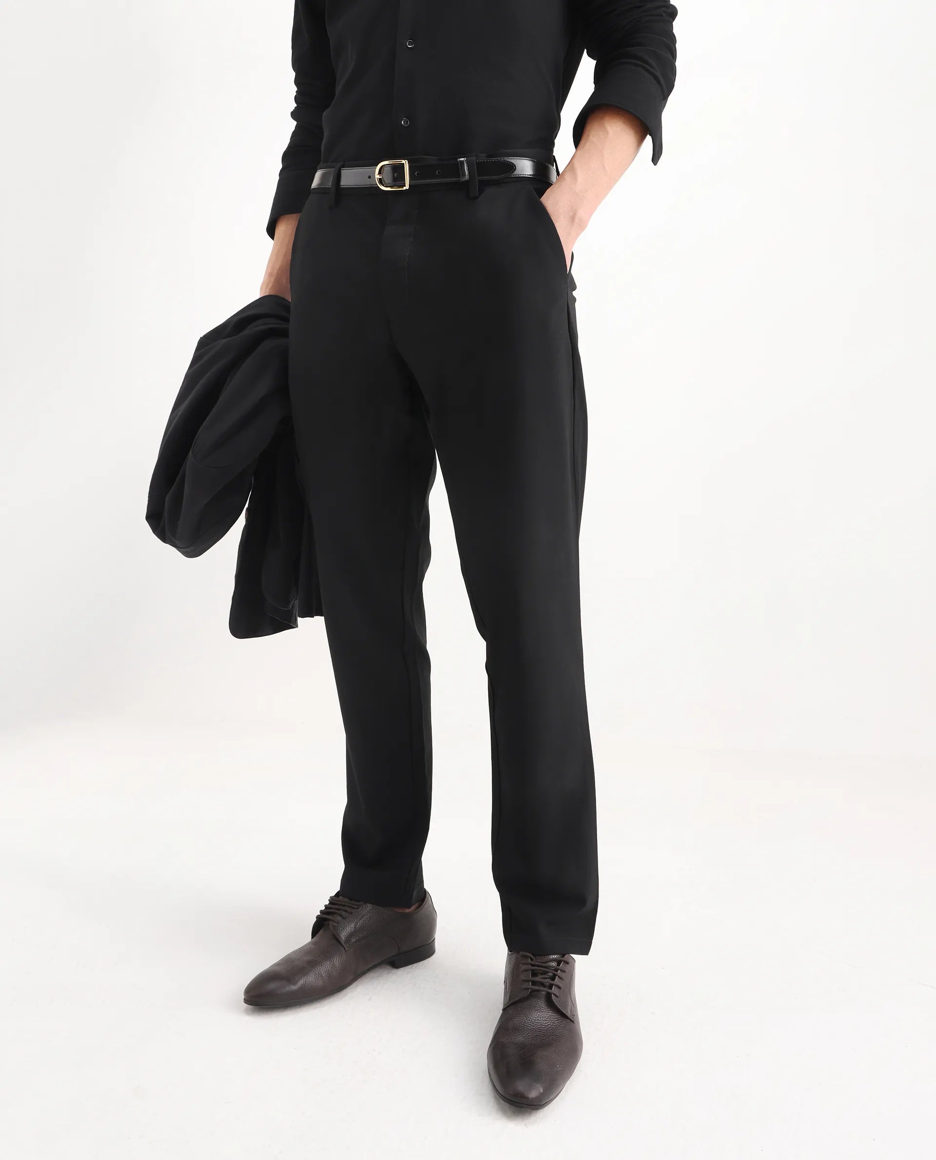 Rare Rabbit Men's Travel-25 Black Polyester Blend Plain Regular Fit Trouser