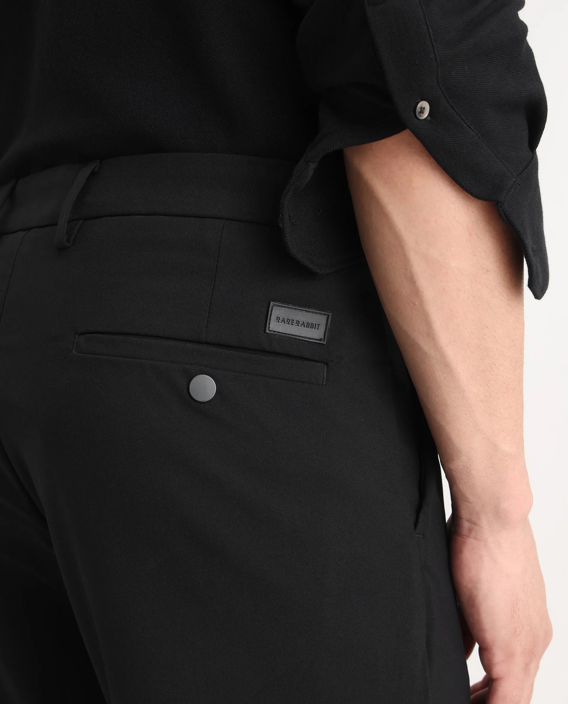 Rare Rabbit Men's Travel-25 Black Polyester Blend Plain Regular Fit Trouser