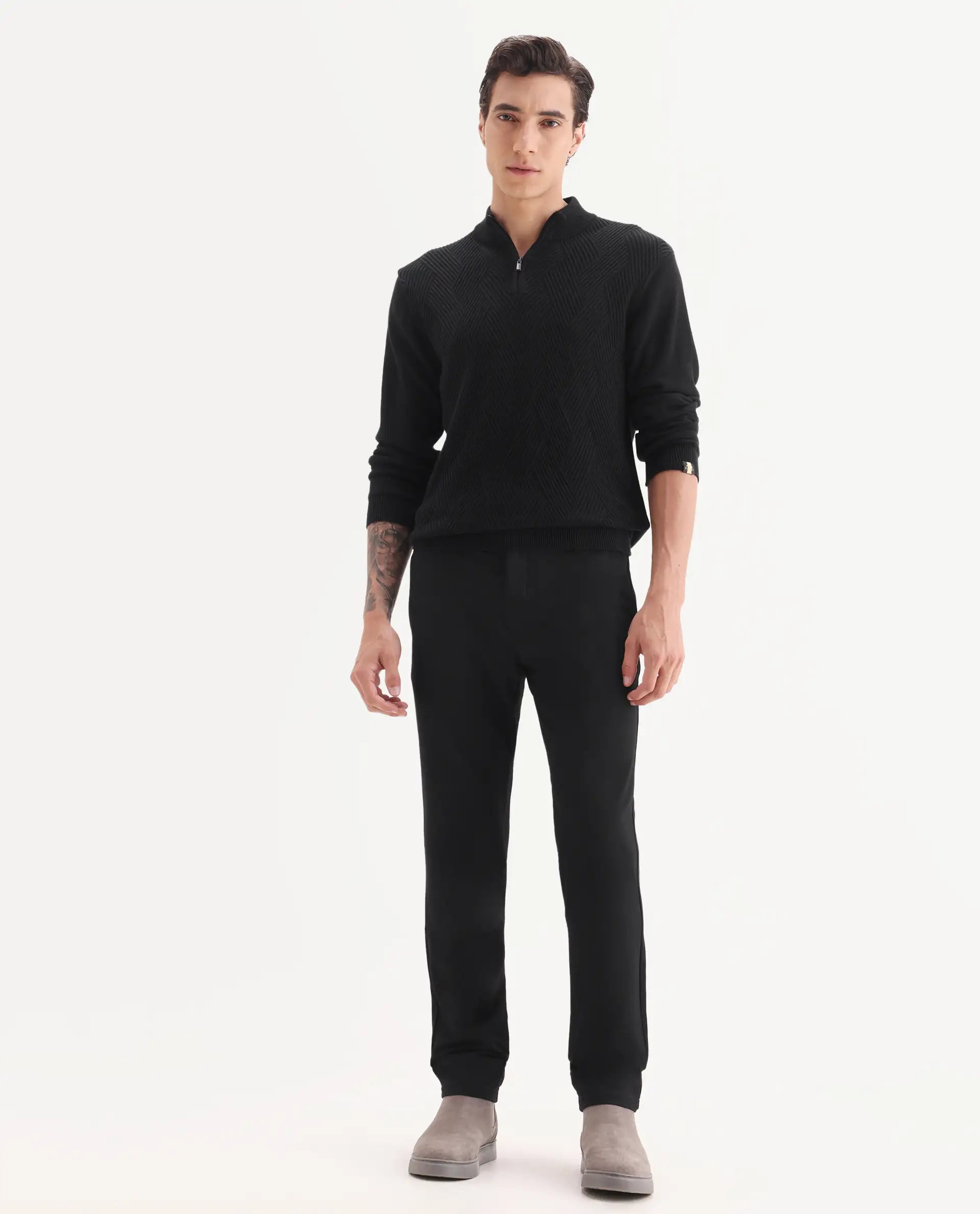 Rare Rabbit Men's Travel-24 Black Poly Viscose Lycra Fabric Blend Solid Trousers