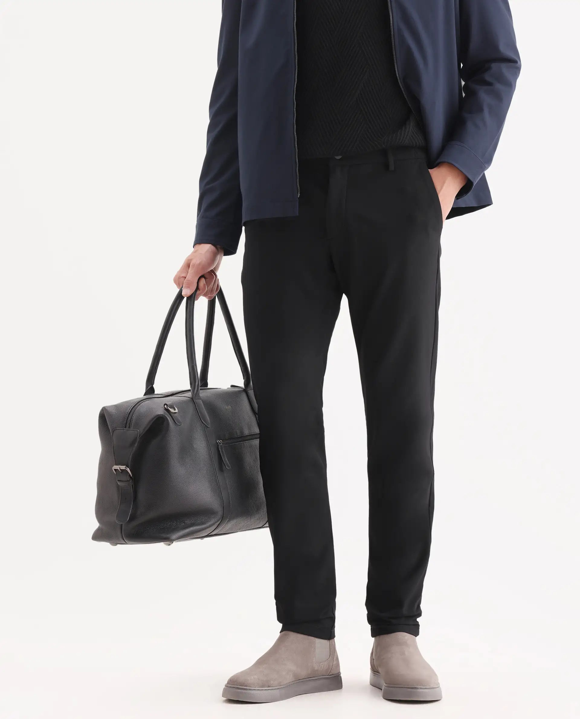 Rare Rabbit Men's Travel-24 Black Poly Viscose Lycra Fabric Blend Solid Trousers