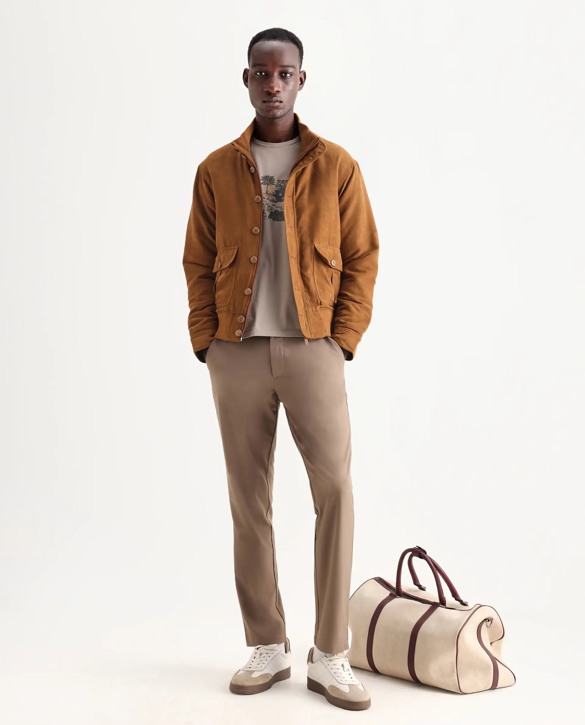 Rare Rabbit Men's Travel-25 Khaki Polyester Blend Plain Regular Fit Trouser