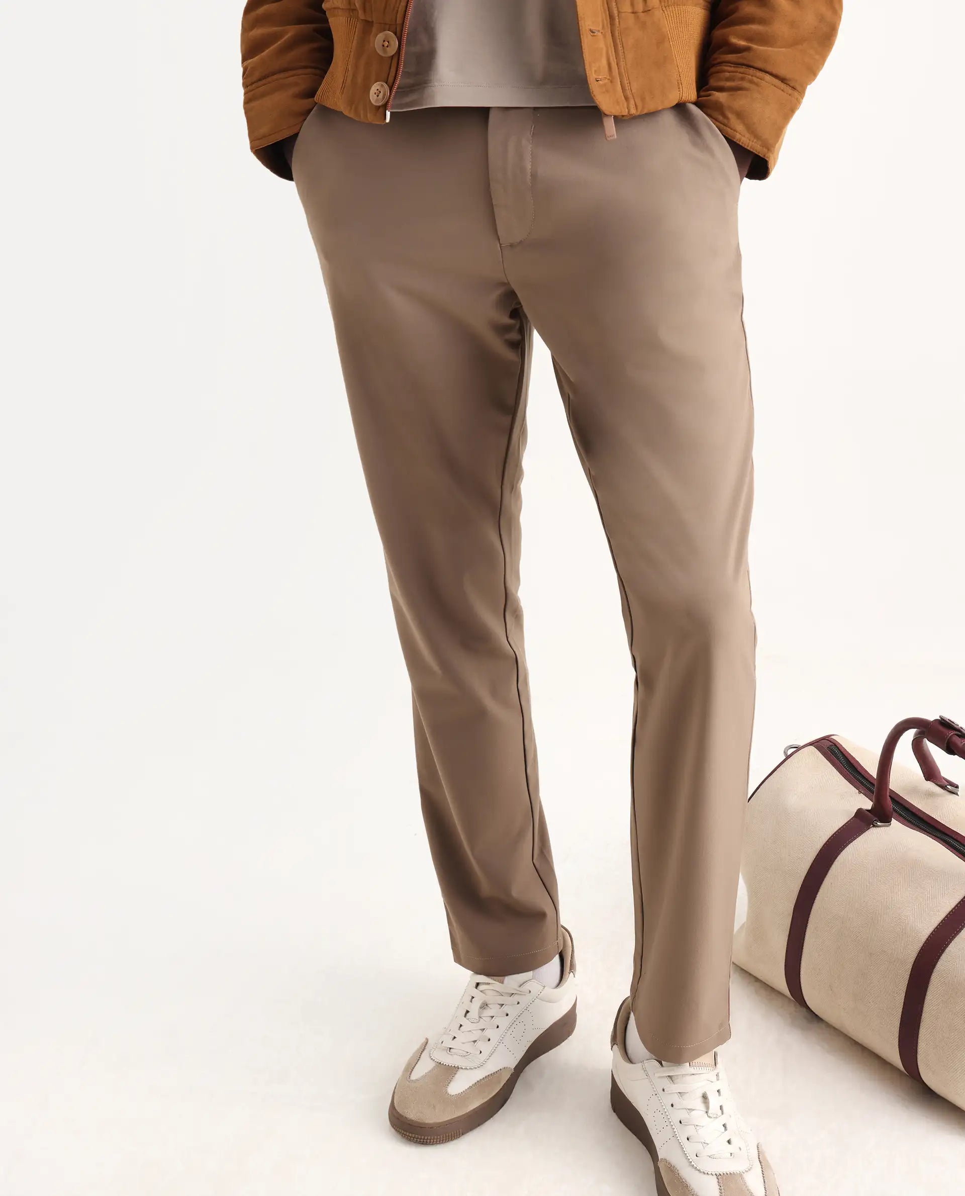 Rare Rabbit Men's Travel-25 Khaki Polyester Blend Plain Regular Fit Trouser
