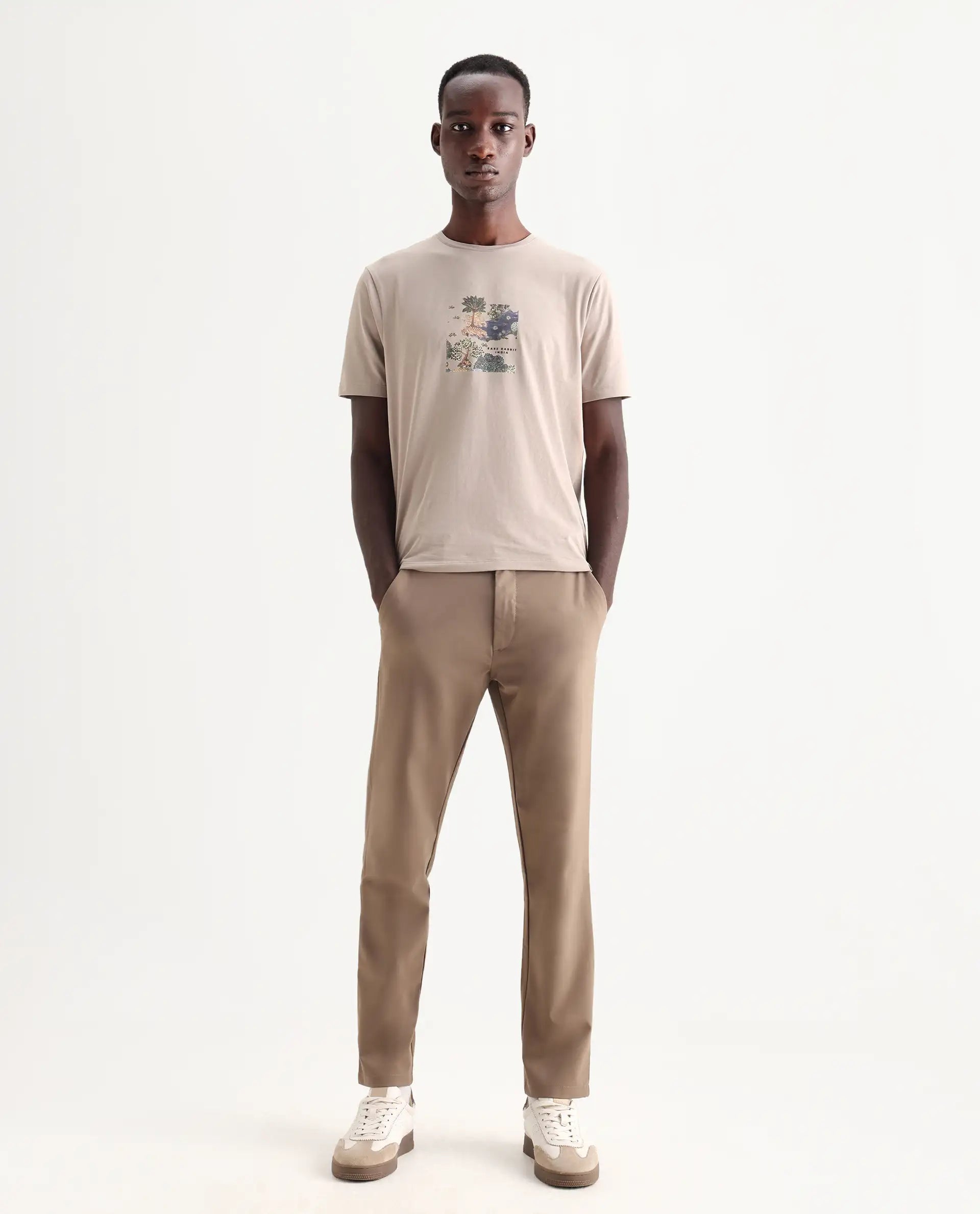 Rare Rabbit Men's Travel-25 Khaki Polyester Blend Plain Regular Fit Trouser