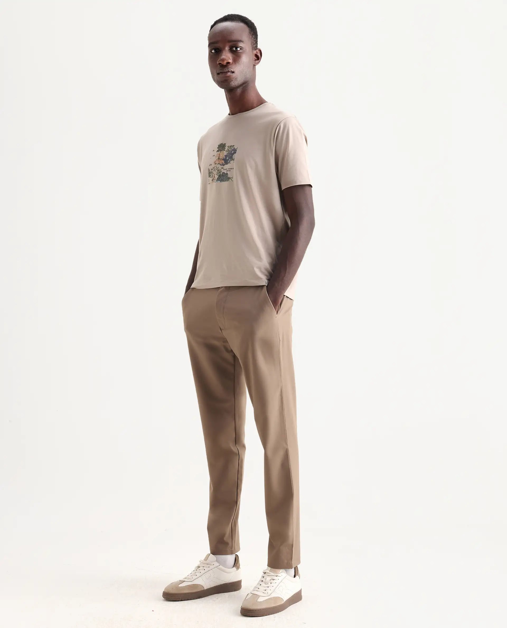 Rare Rabbit Men's Travel-25 Khaki Polyester Blend Plain Regular Fit Trouser