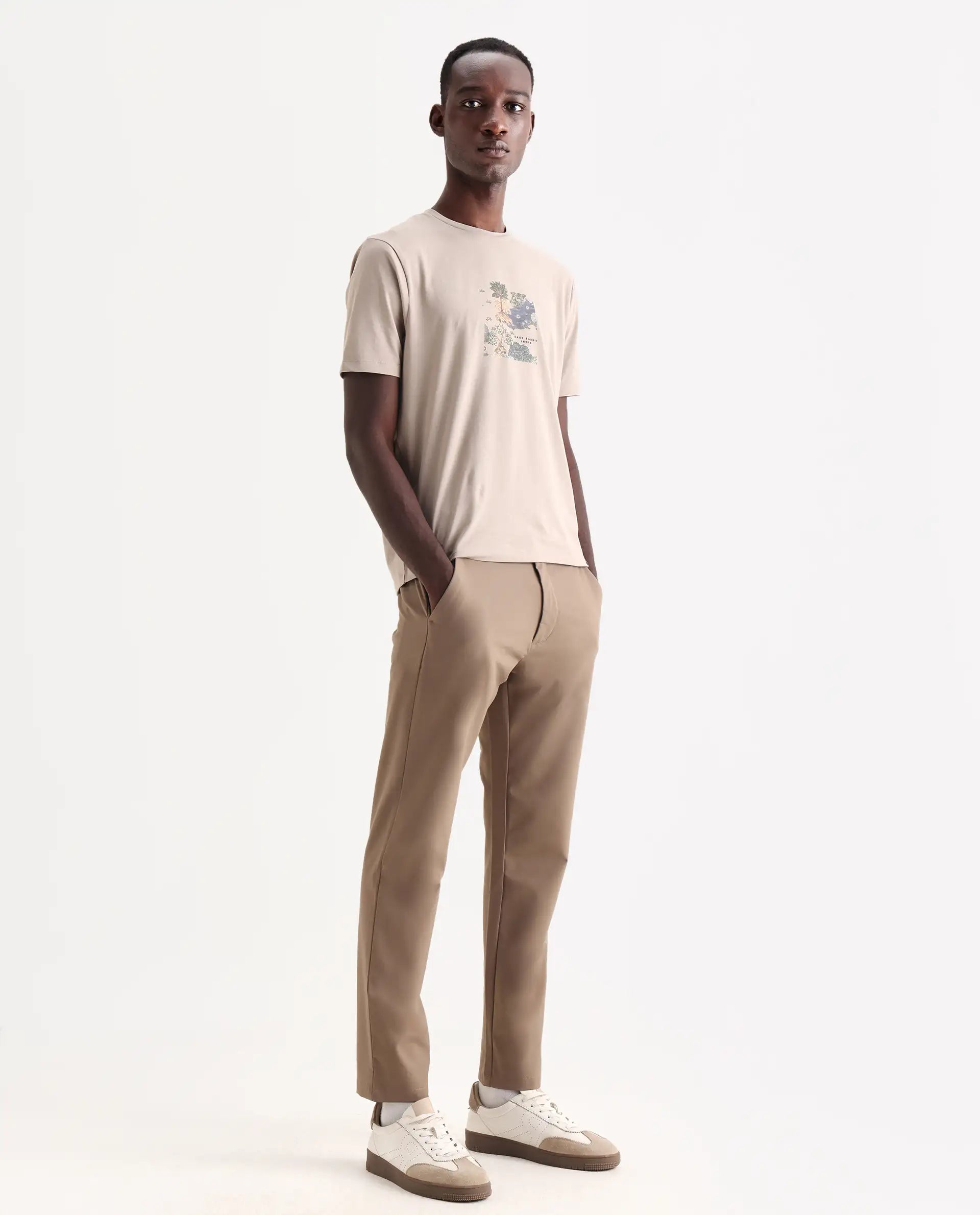 Rare Rabbit Men's Travel-25 Khaki Polyester Blend Plain Regular Fit Trouser