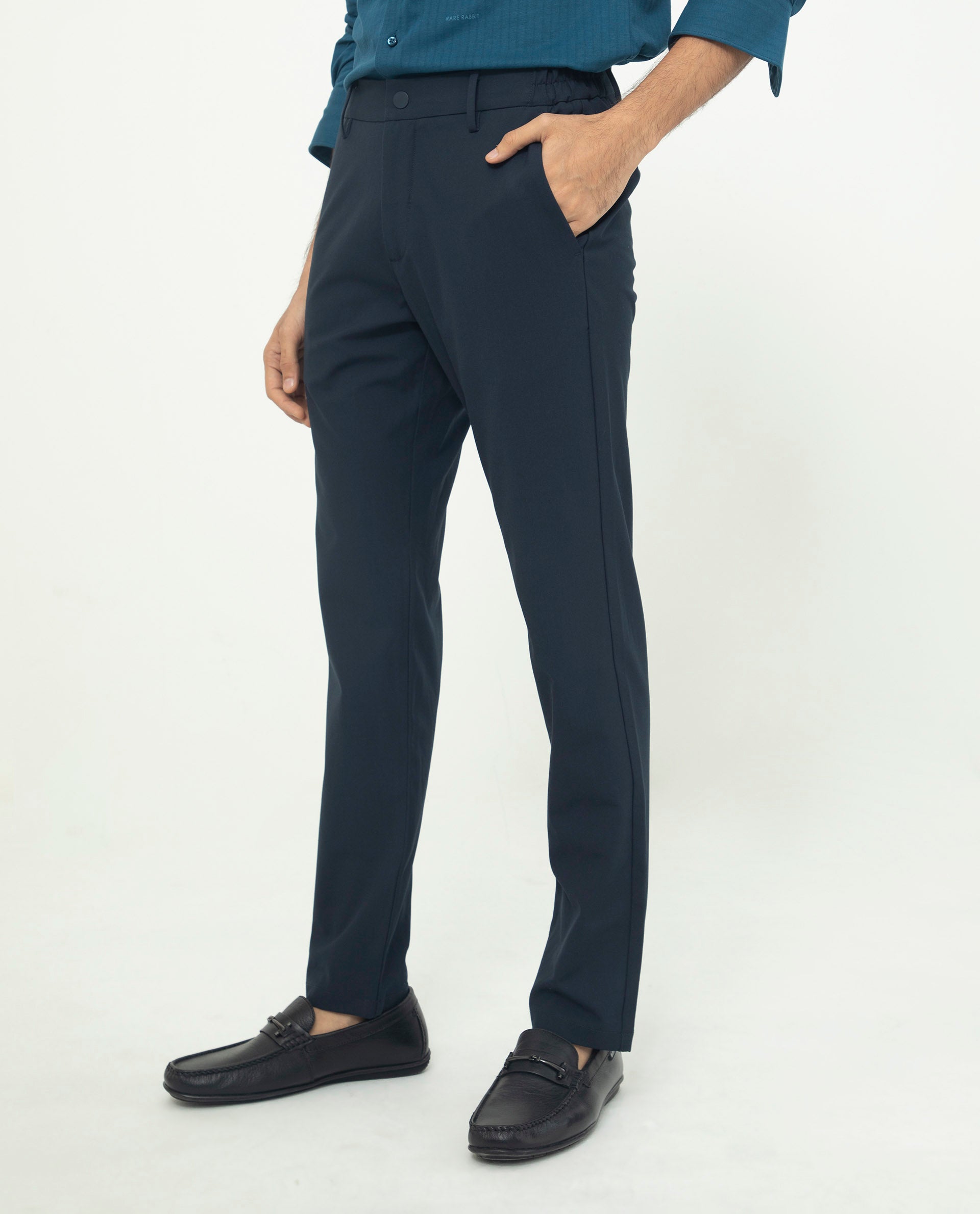 Rare Rabbit Men's Traveller Navy Solid Mid-Rise Regular Fit Trouser