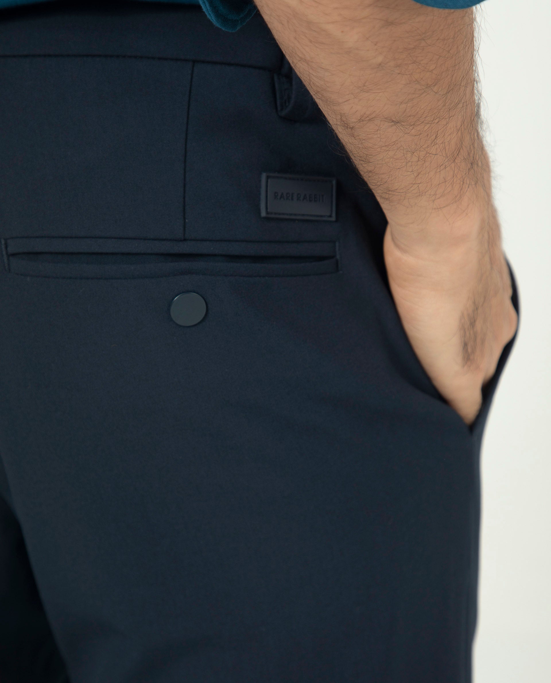 Rare Rabbit Men's Traveller Navy Solid Mid-Rise Regular Fit Trouser