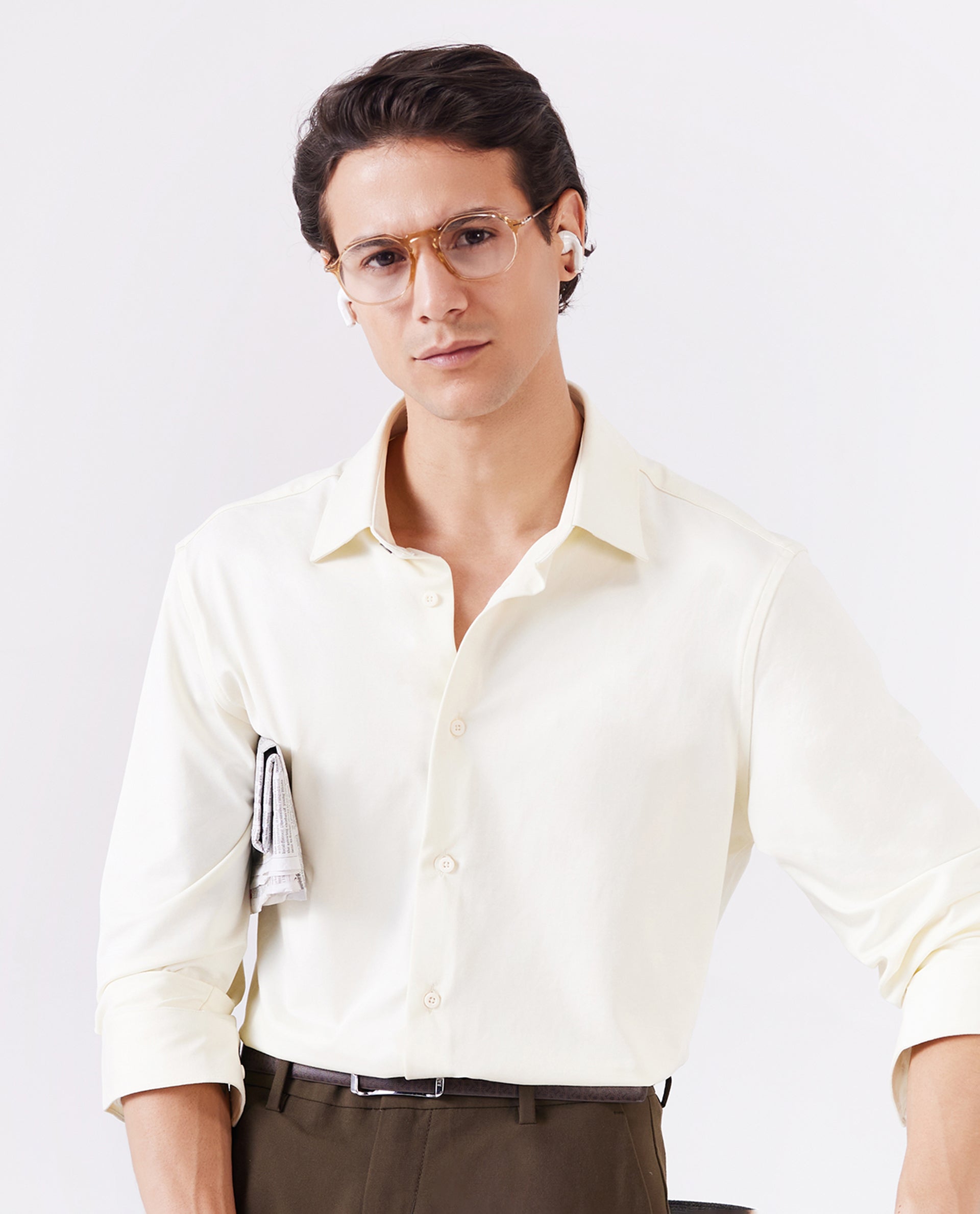 Rare Rabbit Men Tour Pastel Yellow Cotton Polyester Elastane Fabric Full Sleeve Collared Collar Button Closure Plain Knitted Formal Shirt