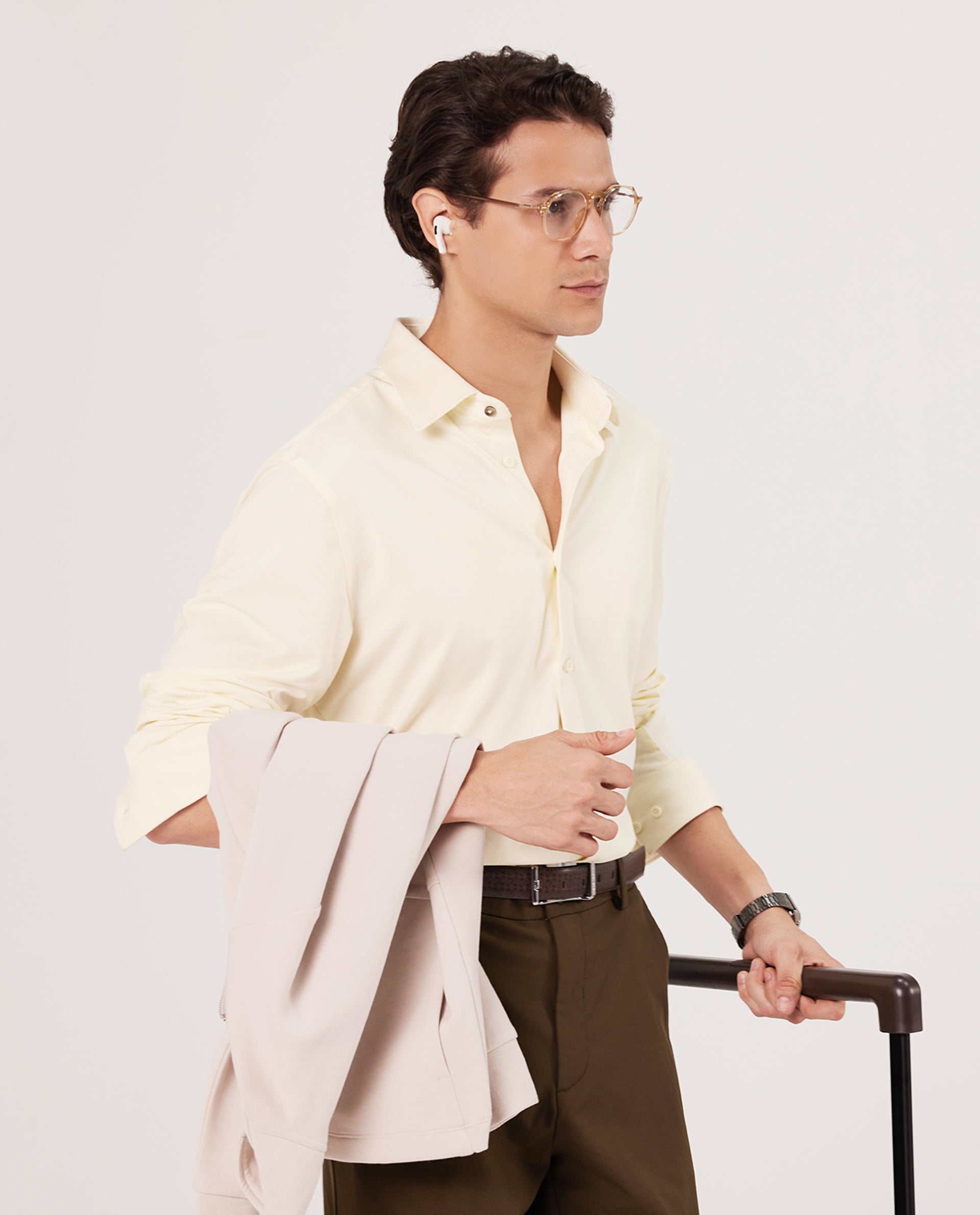 Rare Rabbit Men Tour Pastel Yellow Cotton Polyester Elastane Fabric Full Sleeve Collared Collar Button Closure Plain Knitted Formal Shirt