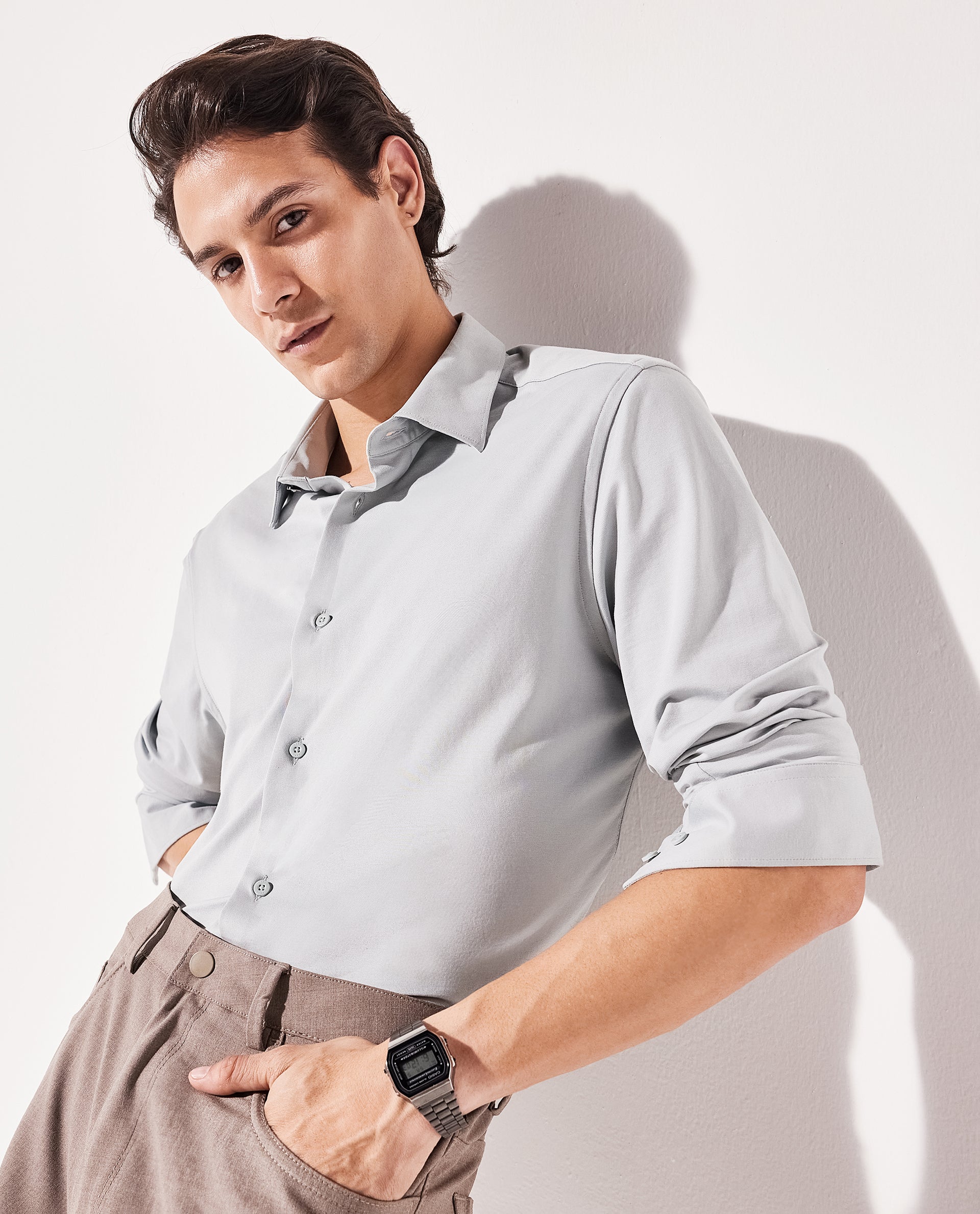 Rare Rabbit Men Tour Pastel Green Cotton Polyester Elastane Fabric Full Sleeve Collared Collar Button Closure Plain Knitted Formal Shirt