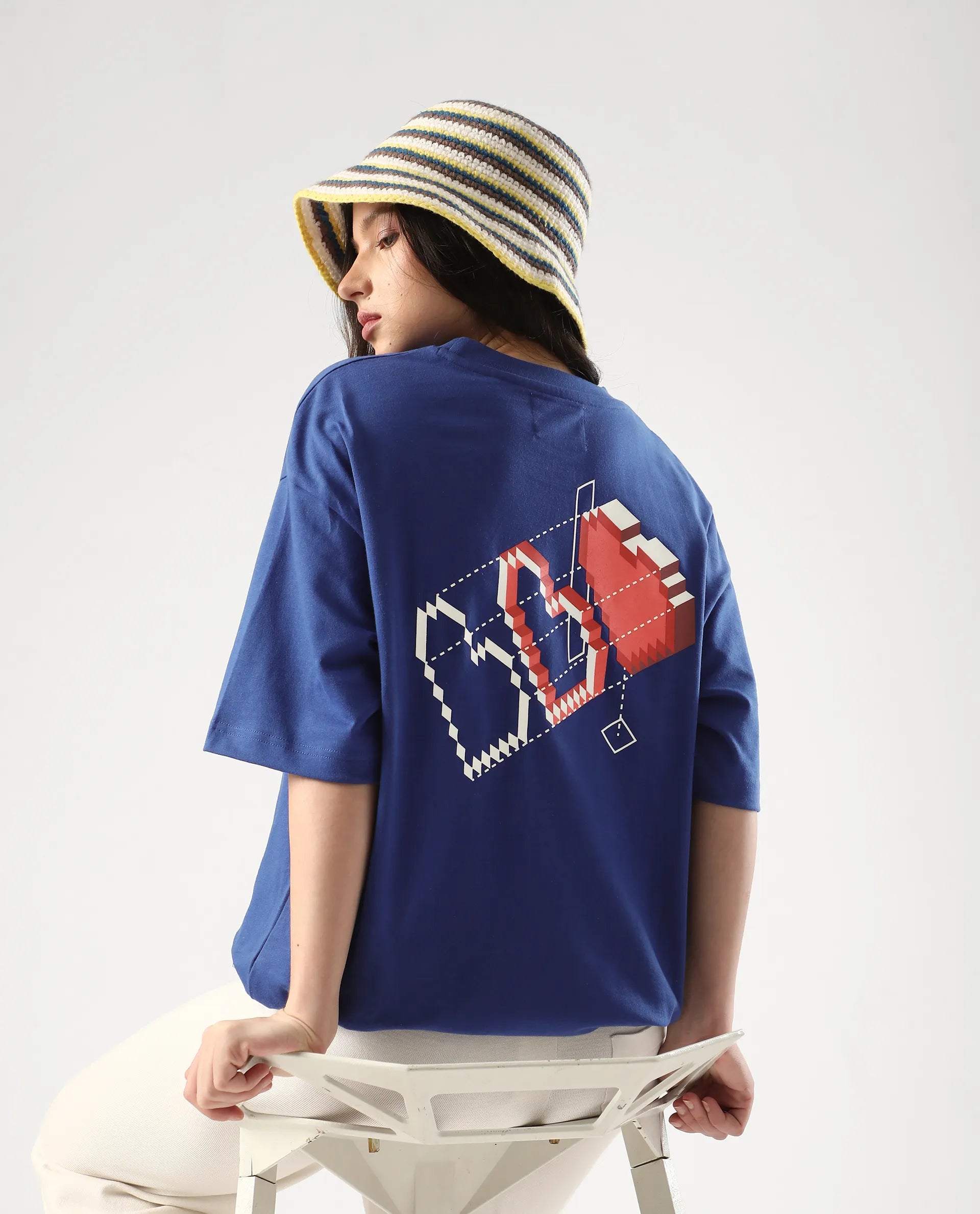 Rareism Women's Trebel Blue Cotton Graphic Print Oversized T-Shirt