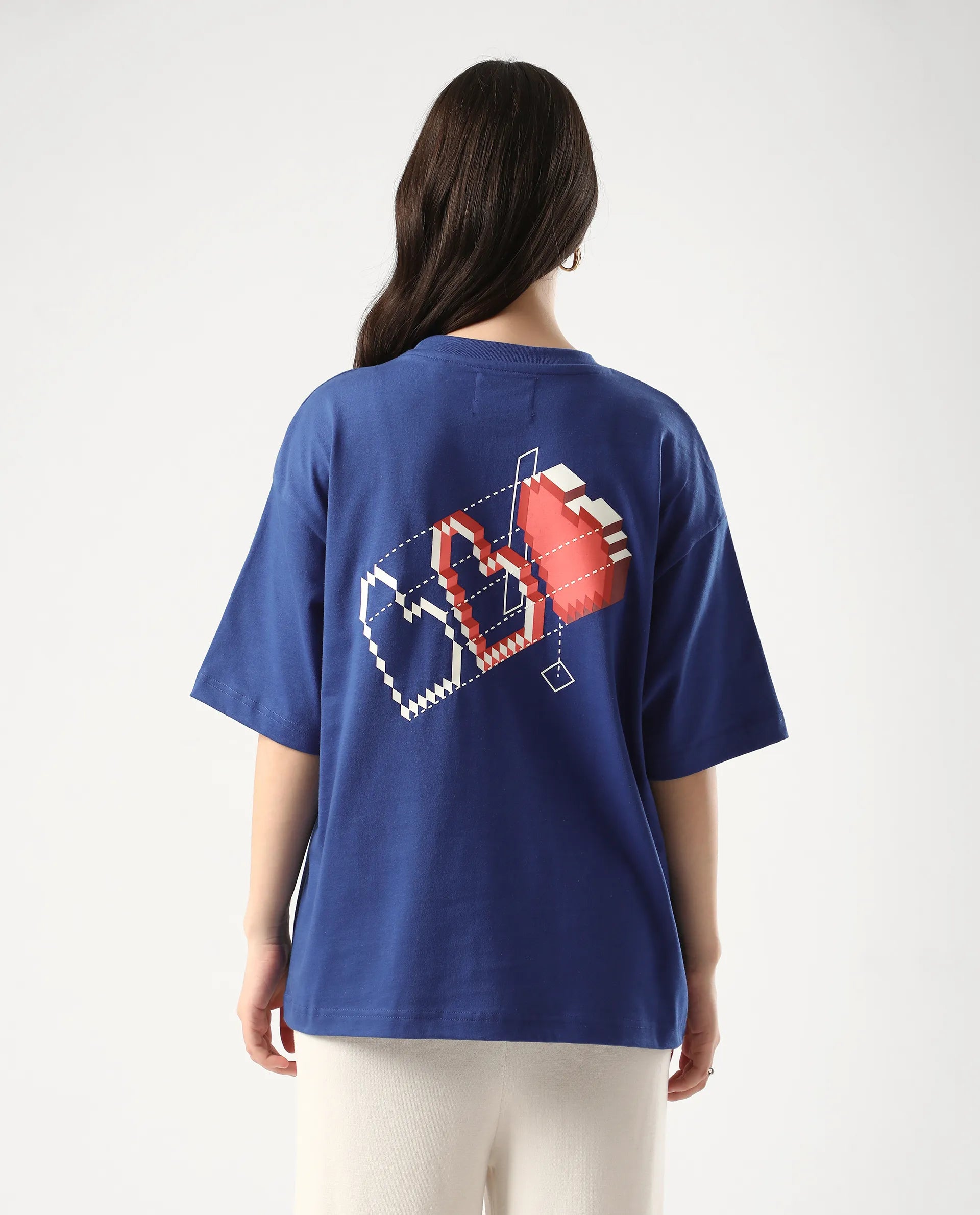 Rareism Women's Trebel Blue Cotton Graphic Print Oversized T-Shirt