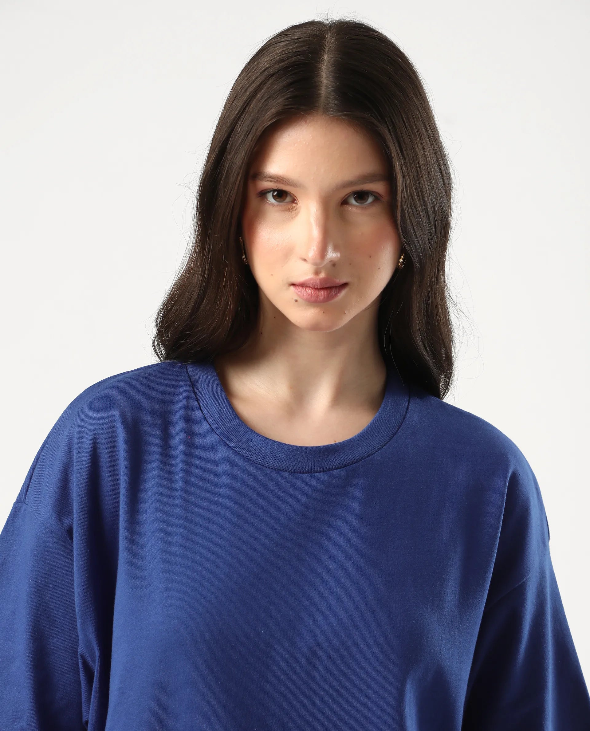 Rareism Women's Trebel Blue Cotton Graphic Print Oversized T-Shirt