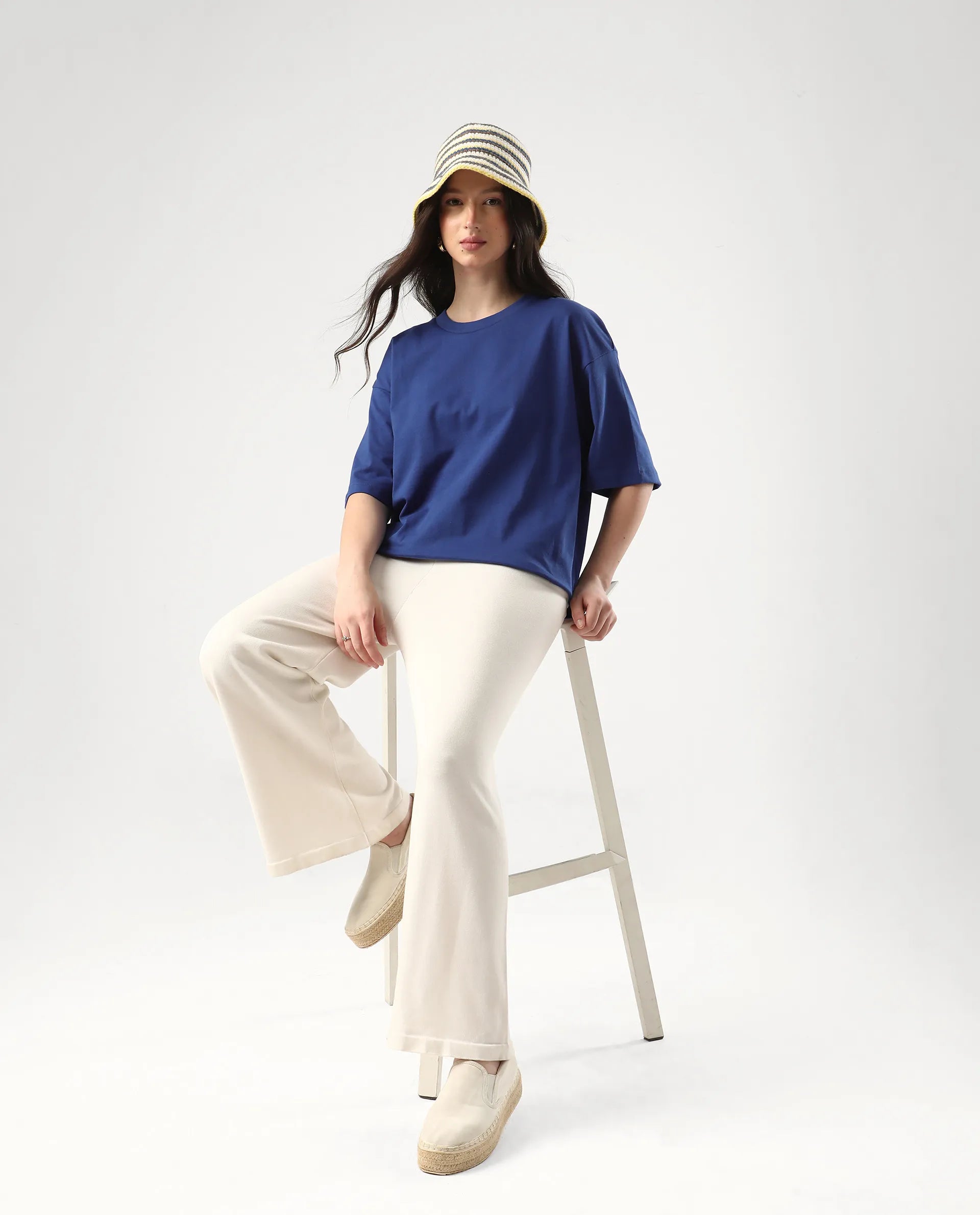 Rareism Women's Trebel Blue Cotton Graphic Print Oversized T-Shirt