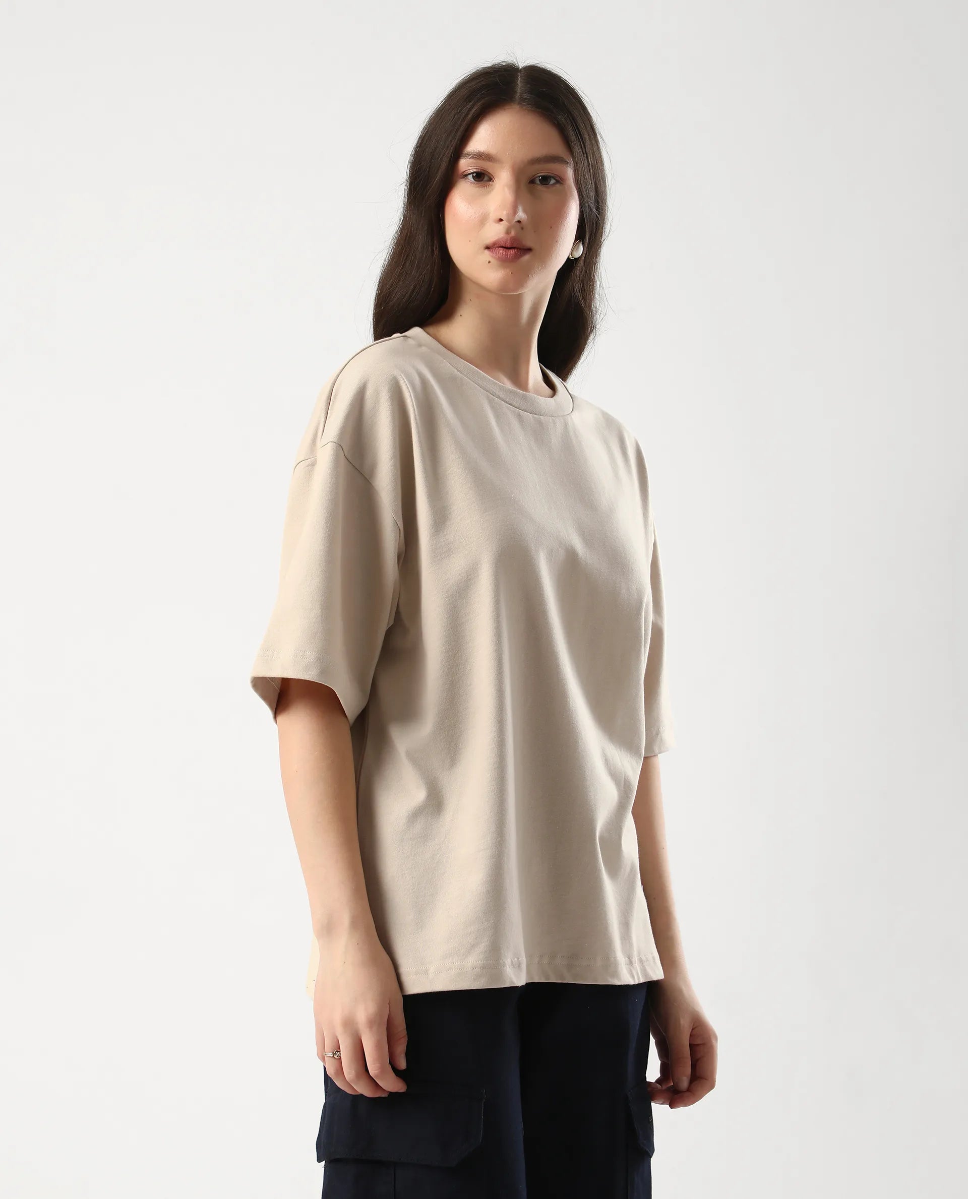 Rareism Women's Trebel Beige Cotton Graphic Print Oversized T-Shirt