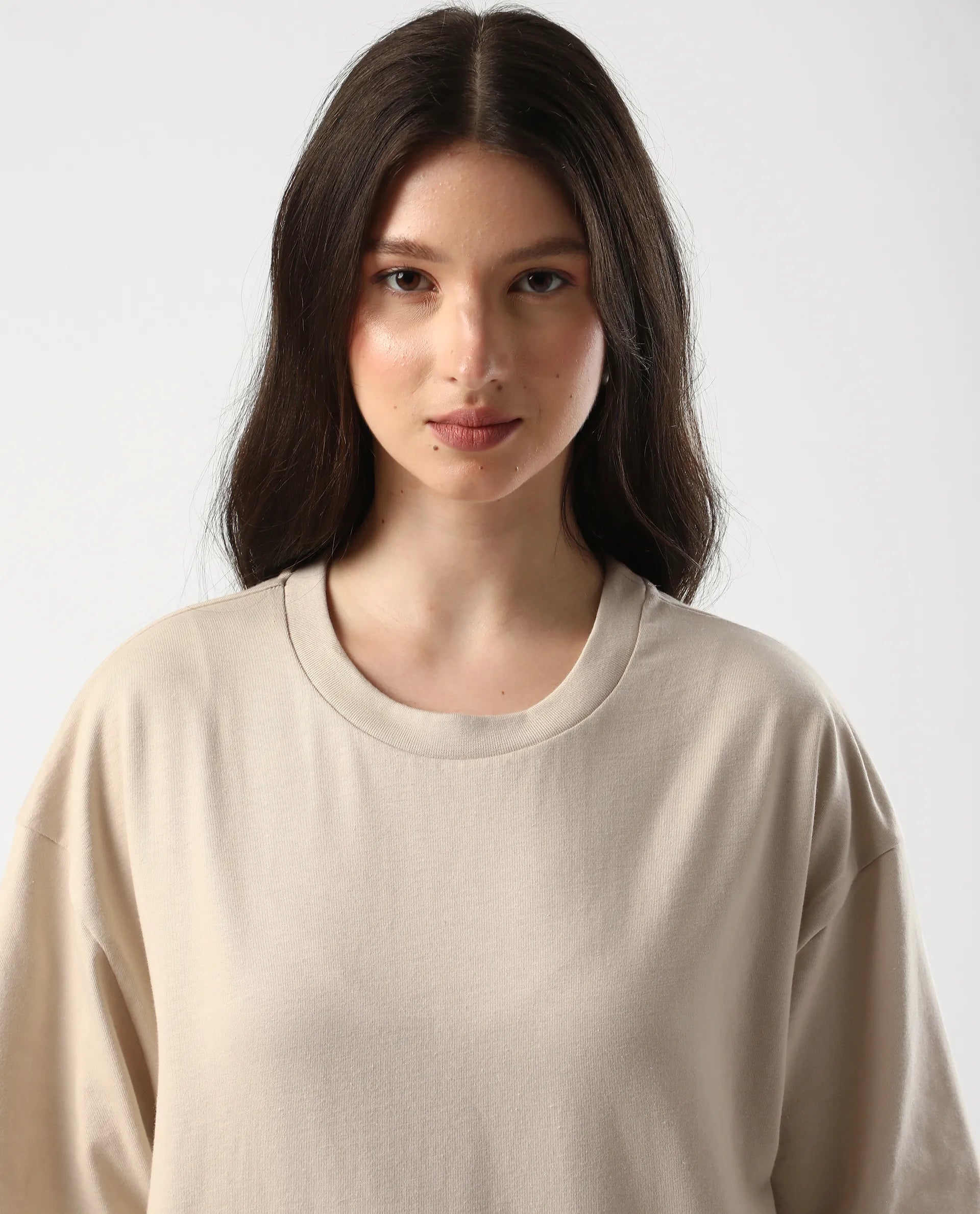 Rareism Women's Trebel Beige Cotton Graphic Print Oversized T-Shirt