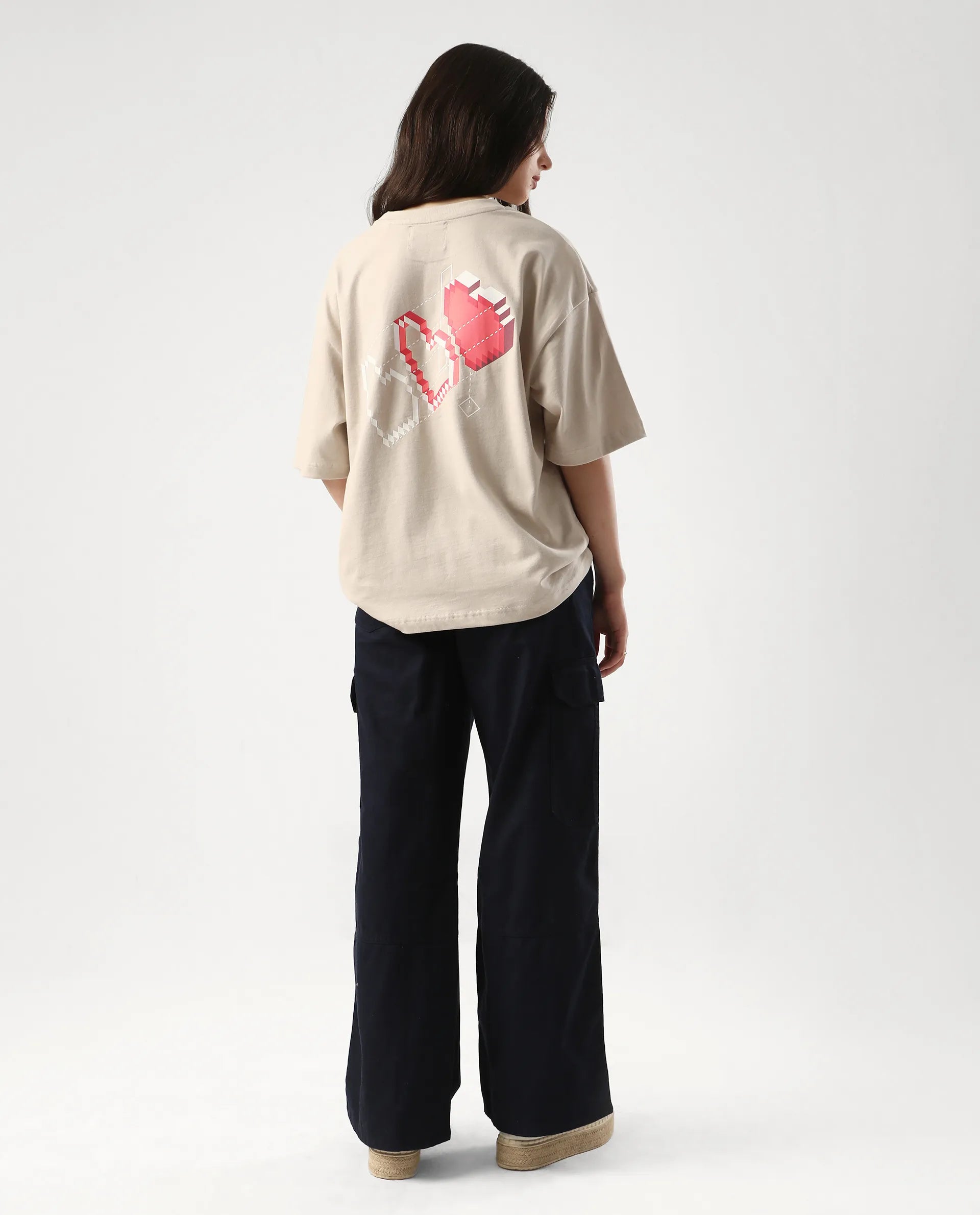 Rareism Women's Trebel Beige Cotton Graphic Print Oversized T-Shirt