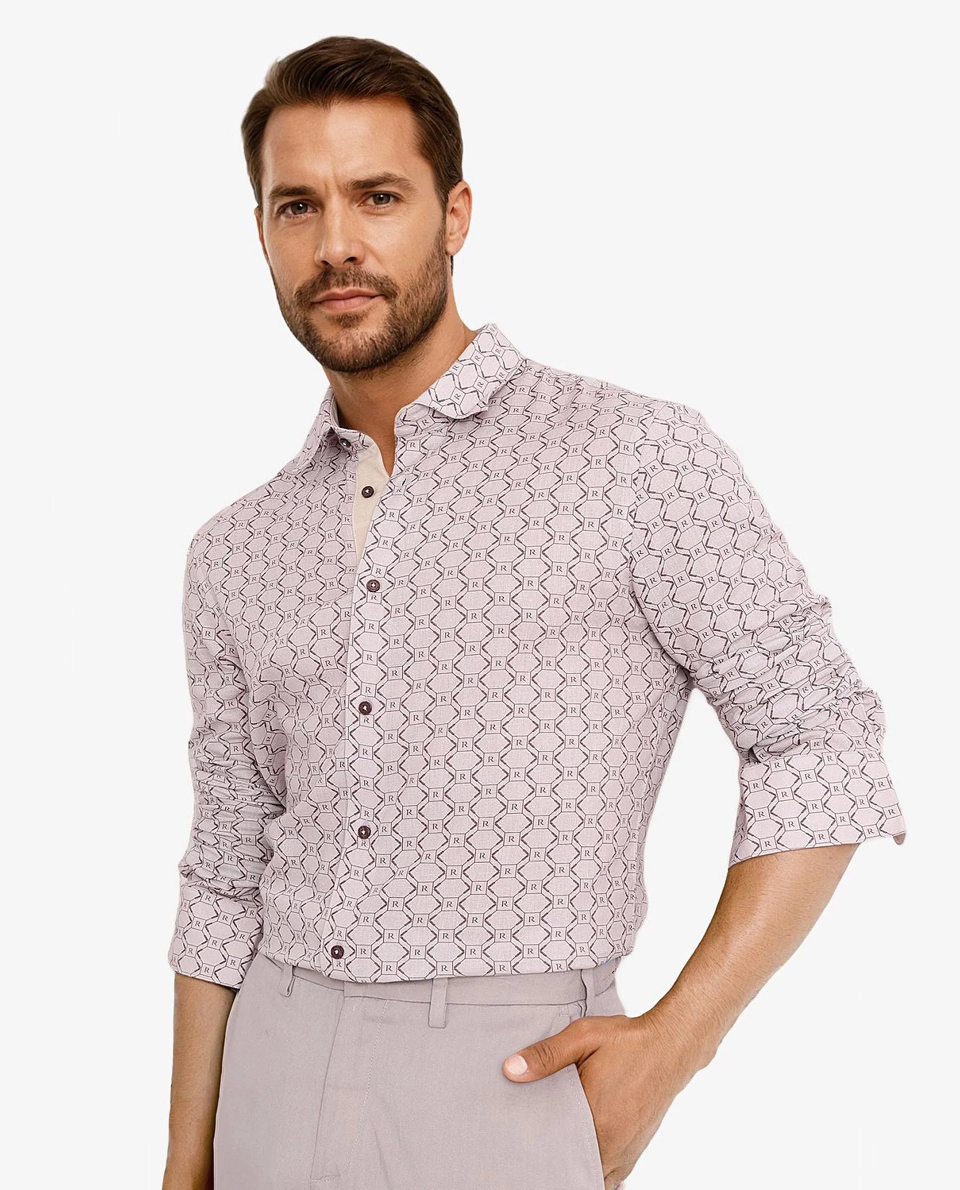 Rare Rabbit Men Trends Dusky Pink Full Sleeve Regular Fit Monogram Print Shirt