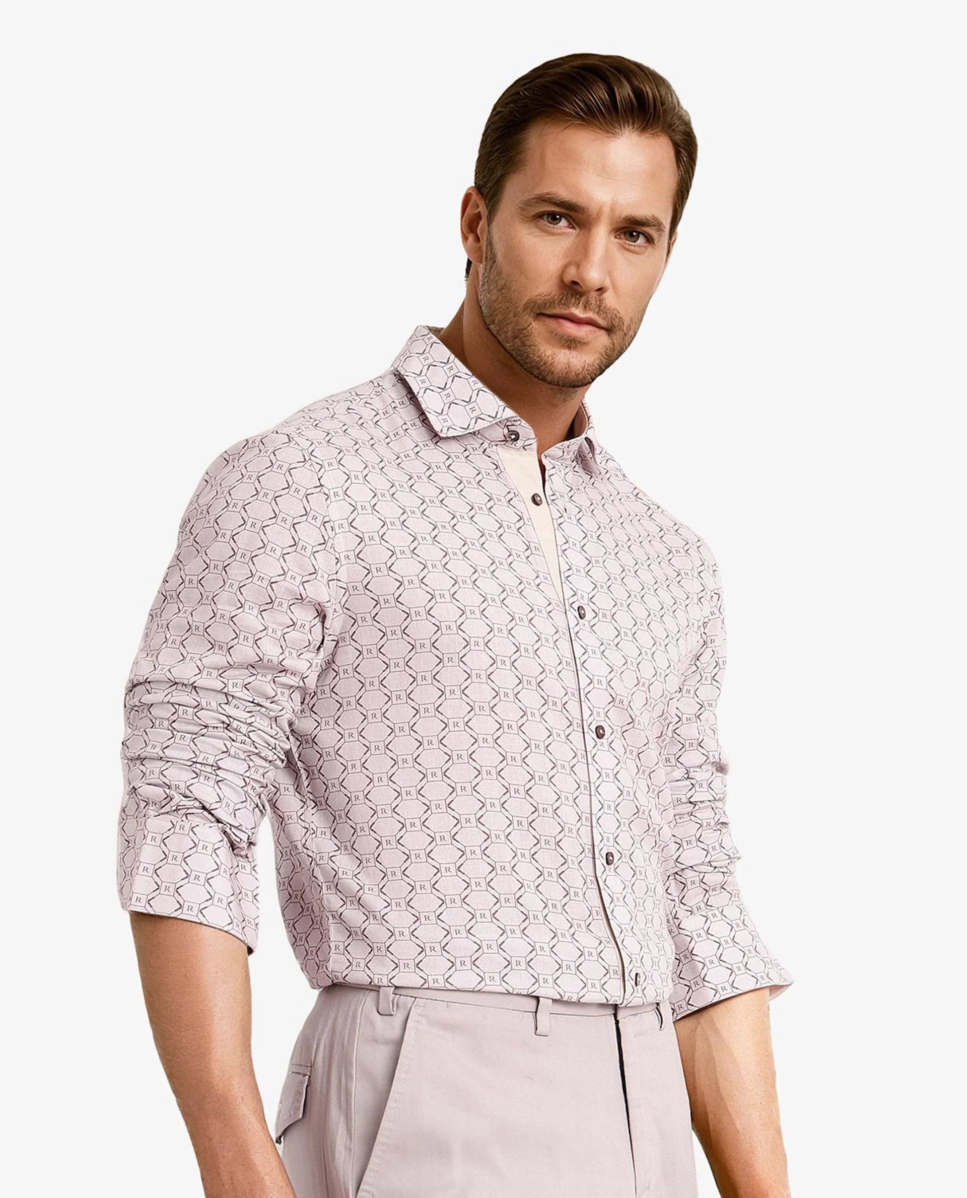 Rare Rabbit Men Trends Dusky Pink Full Sleeve Regular Fit Monogram Print Shirt