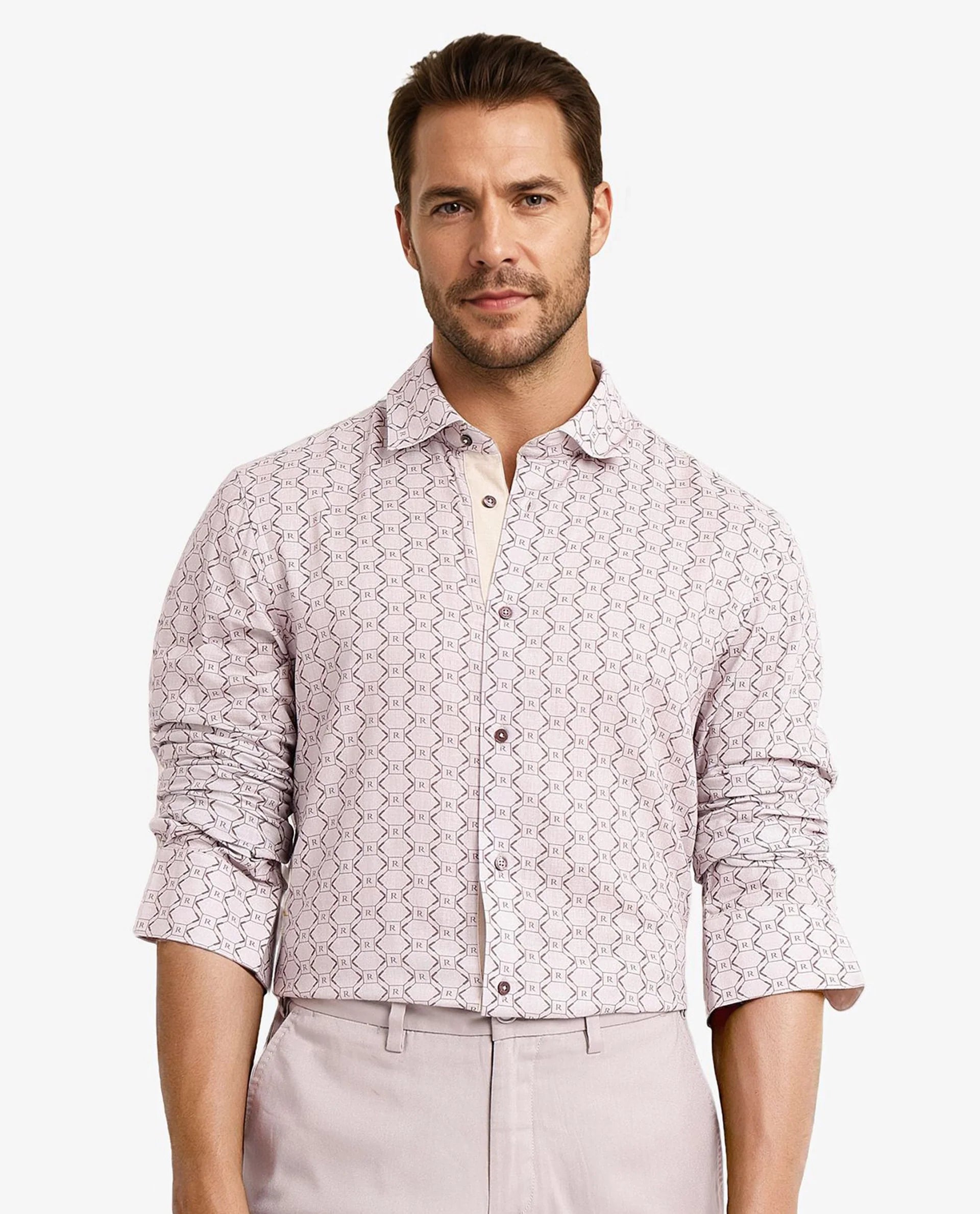 Rare Rabbit Men Trends Dusky Pink Full Sleeve Regular Fit Monogram Print Shirt