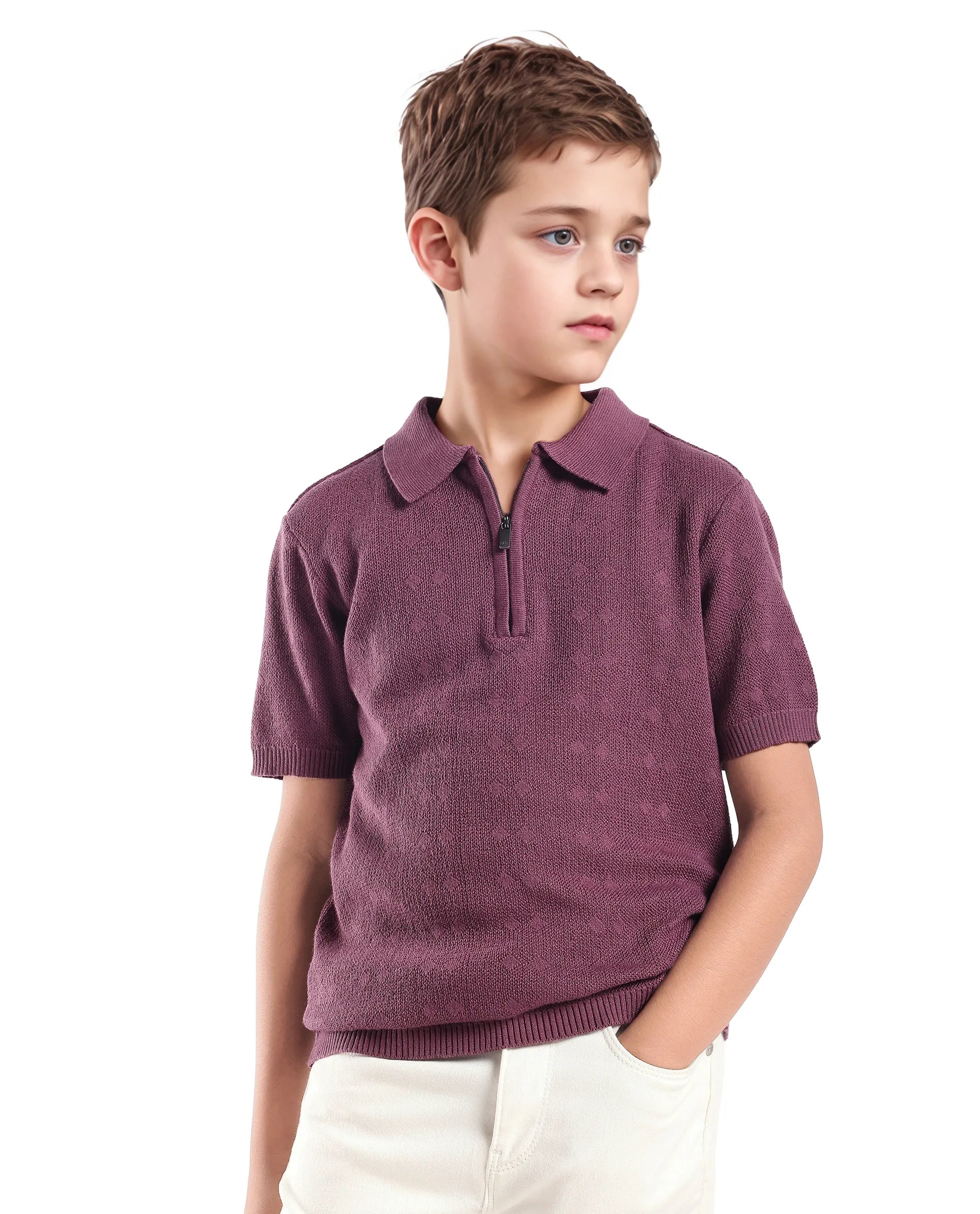 Rare Ones Kids Treo Dusky Purple Jacquard Zipper Closure Regular Fit Polo