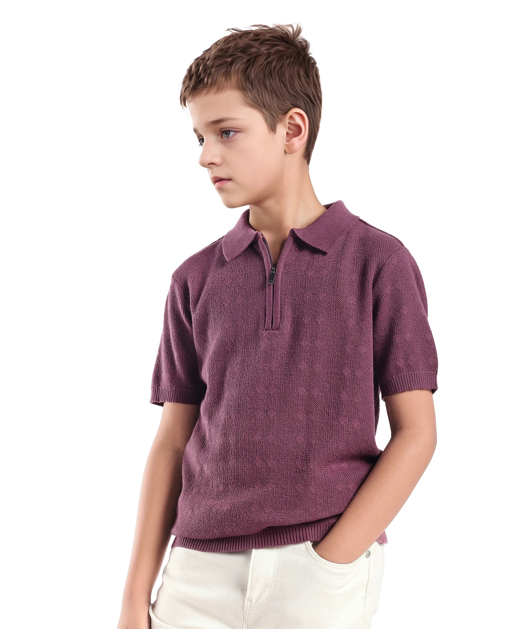 Rare Ones Kids Treo Dusky Purple Jacquard Zipper Closure Regular Fit Polo