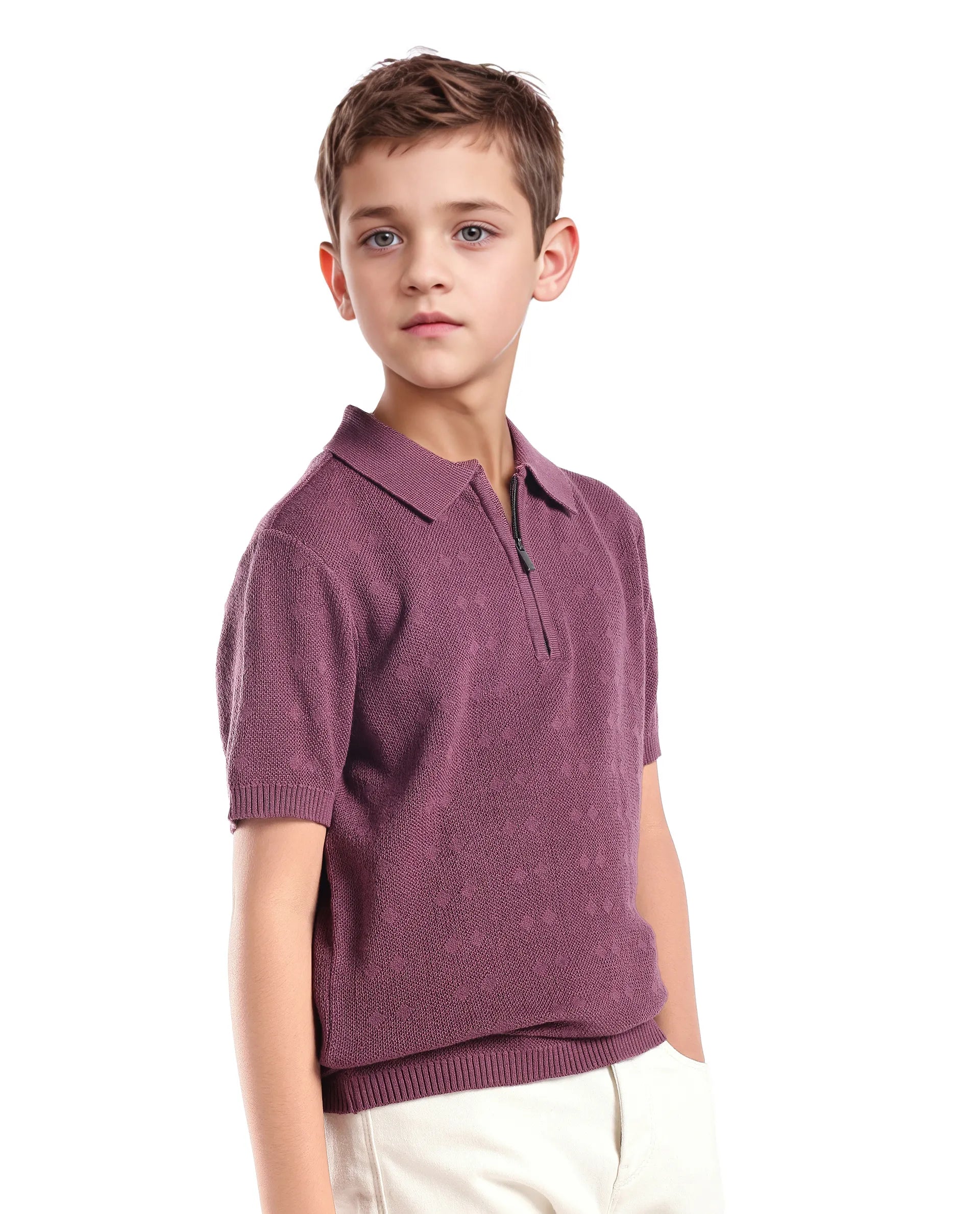 Rare Ones Kids Treo Dusky Purple Jacquard Zipper Closure Regular Fit Polo