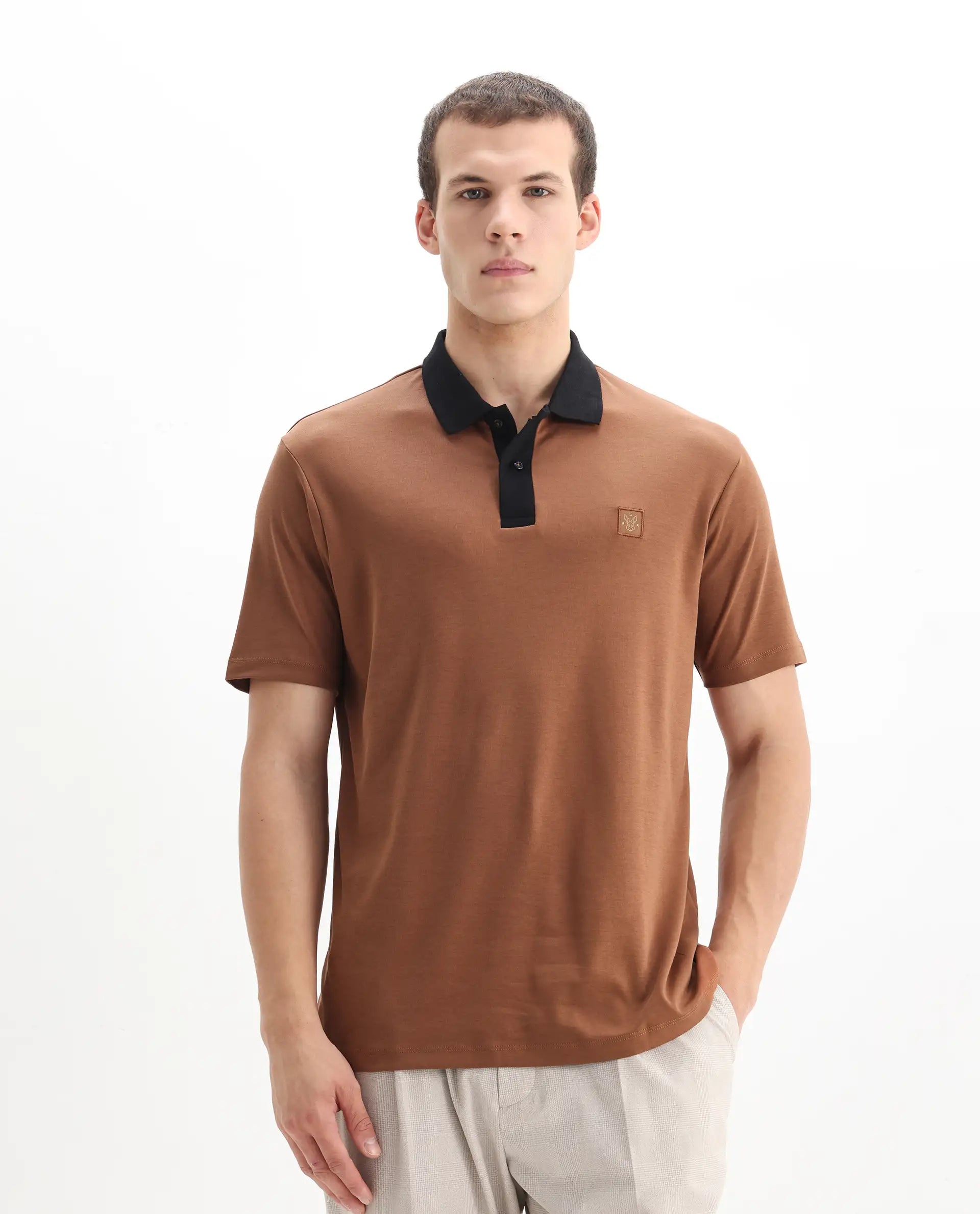 Rare Rabbit Men's Trex Dusky Brown Cotton Plain Regular Fit Half Sleeve Polo