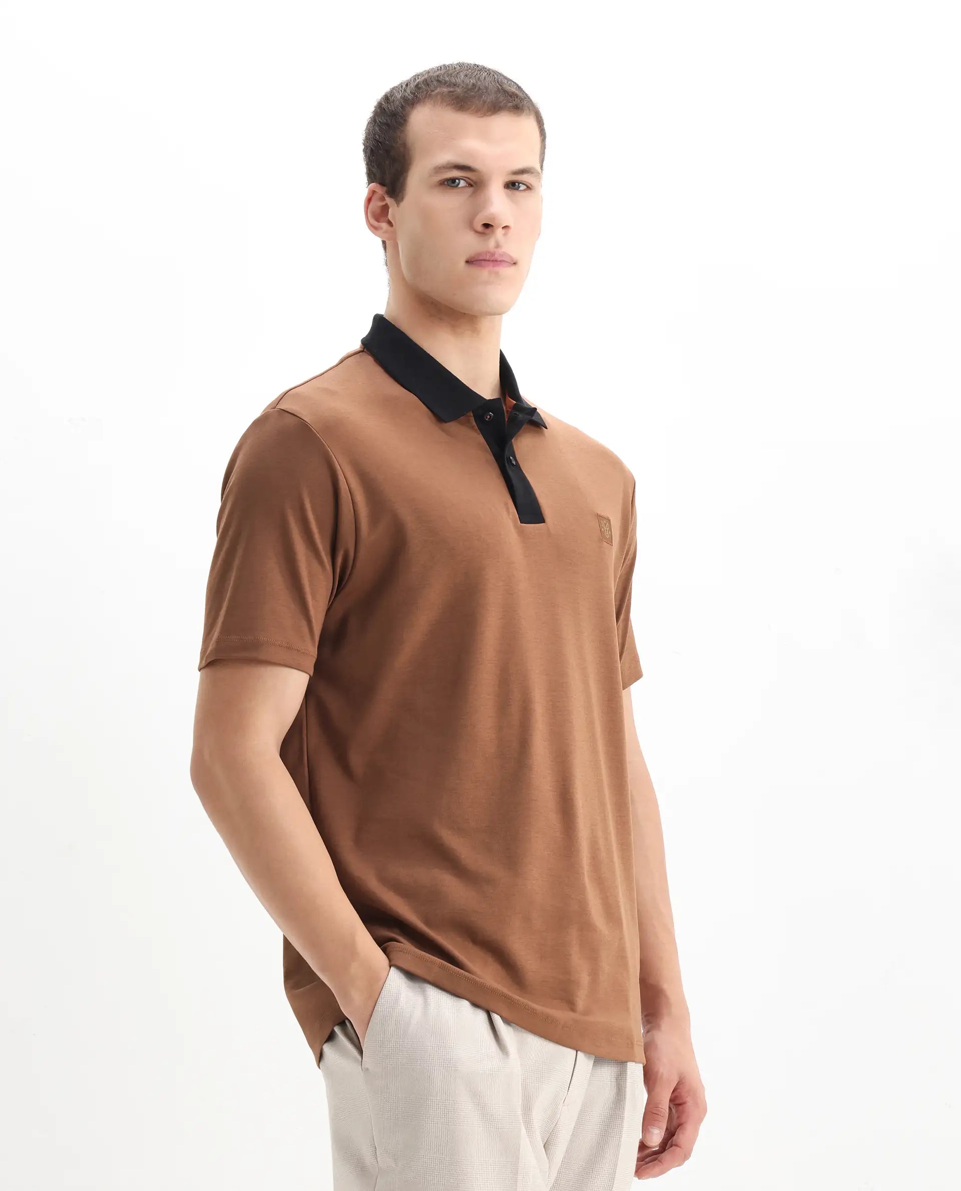 Rare Rabbit Men's Trex Dusky Brown Cotton Plain Regular Fit Half Sleeve Polo