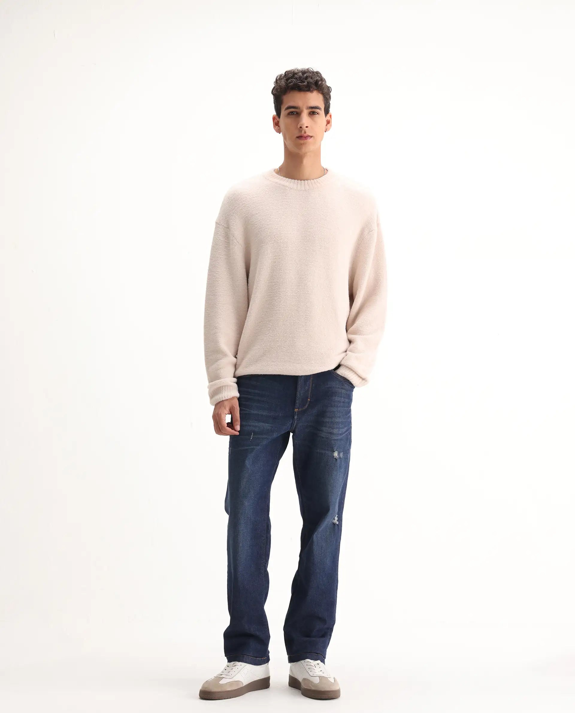 Rare Rabbit Men's Traingle Blue Cotton Blend Plain Morris Regular Fit Jeans