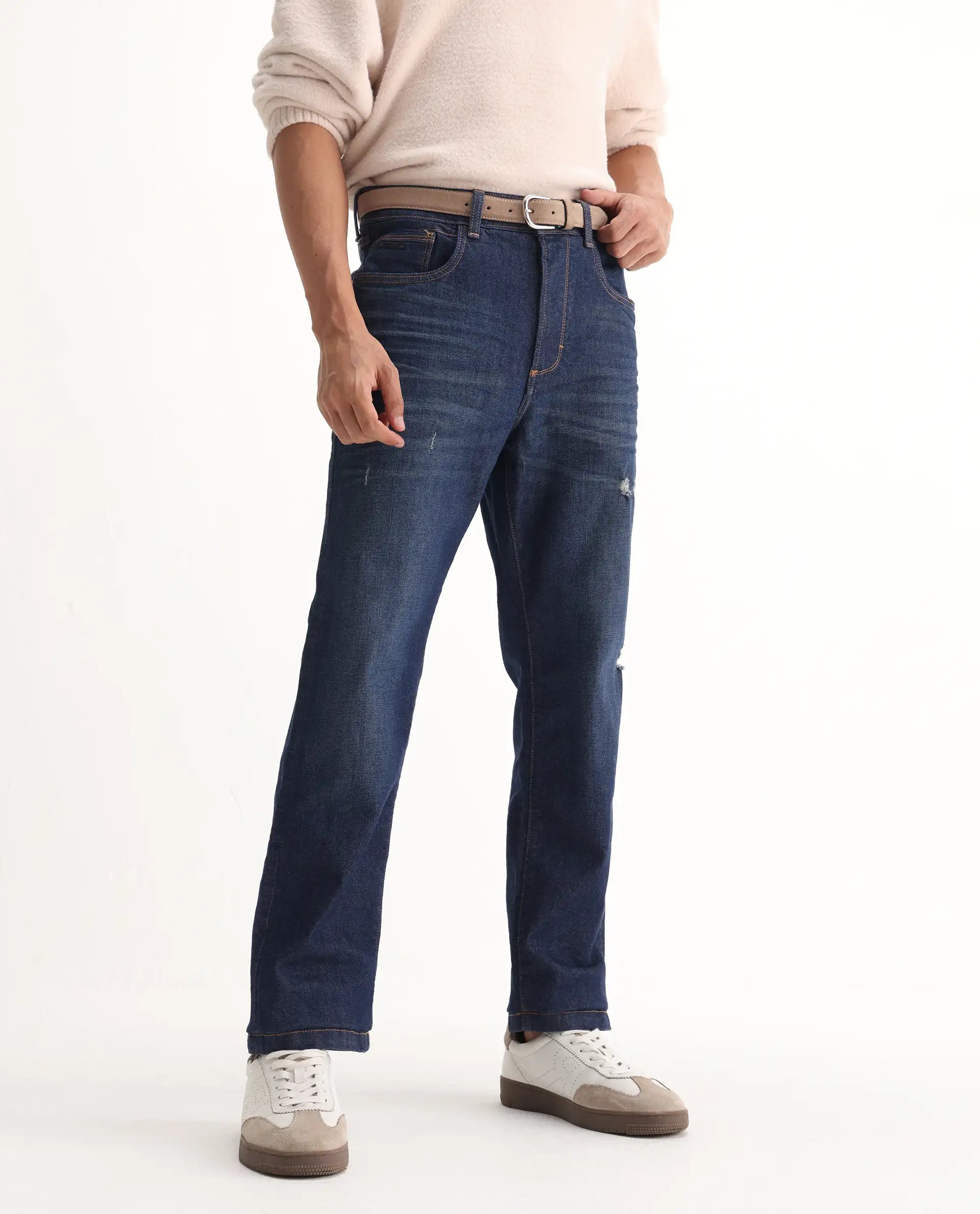 Rare Rabbit Men's Traingle Blue Cotton Blend Plain Morris Regular Fit Jeans